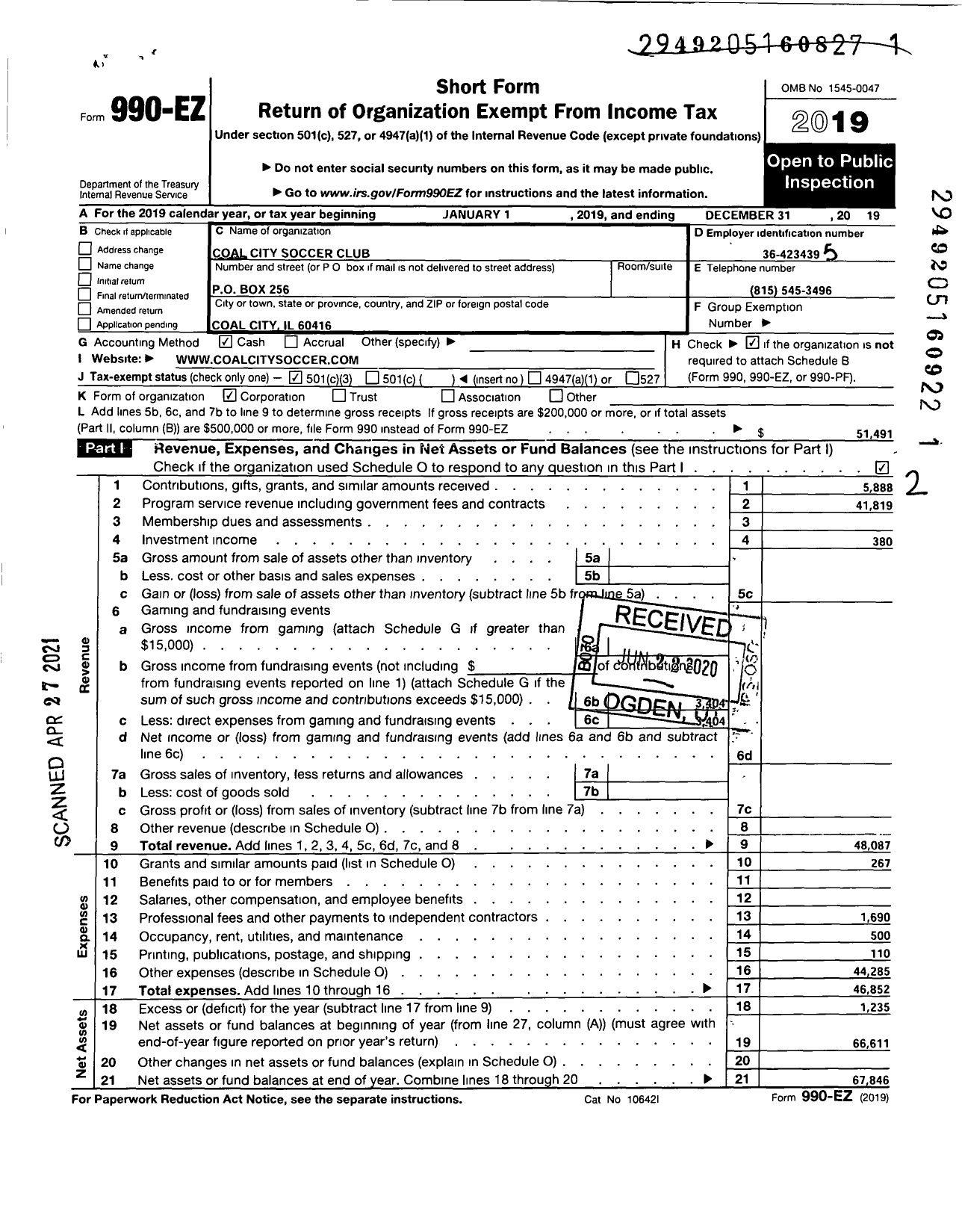 Image of first page of 2019 Form 990EZ for Coal City Soccer Club