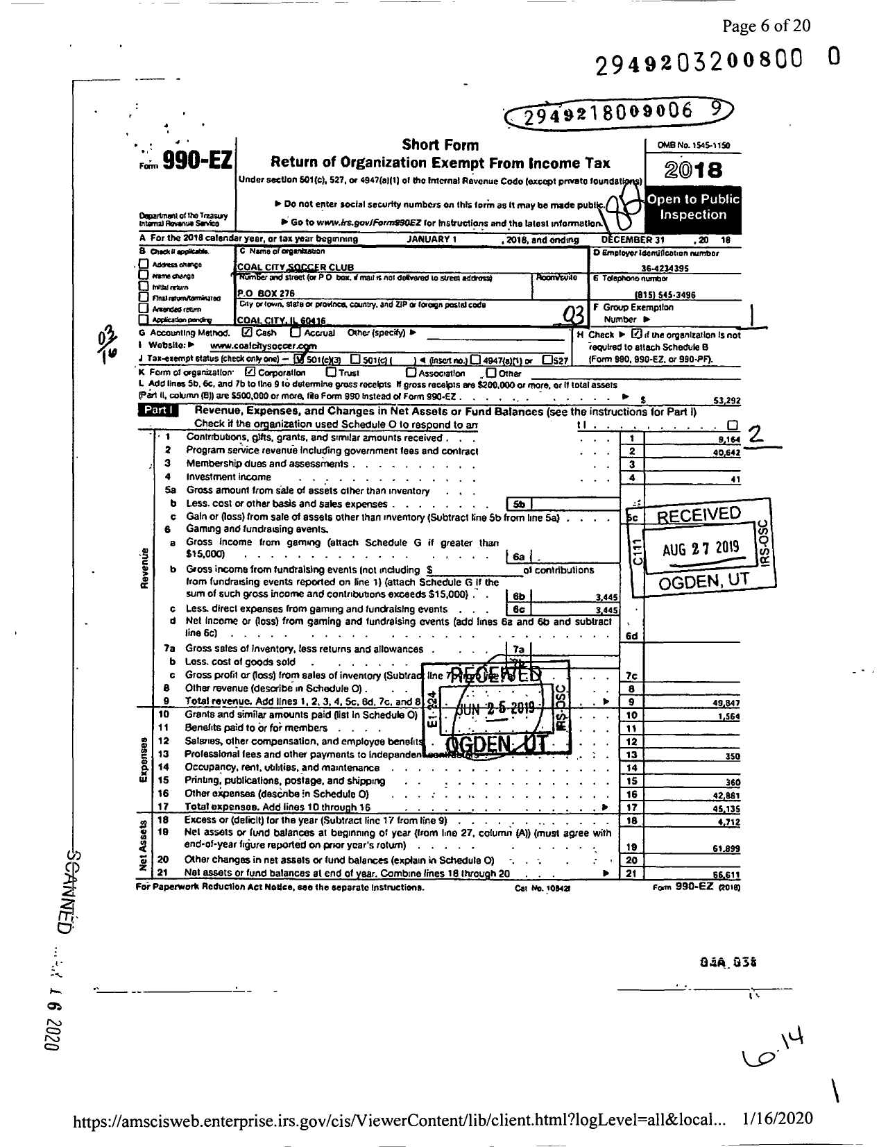 Image of first page of 2018 Form 990EZ for Coal City Soccer Club