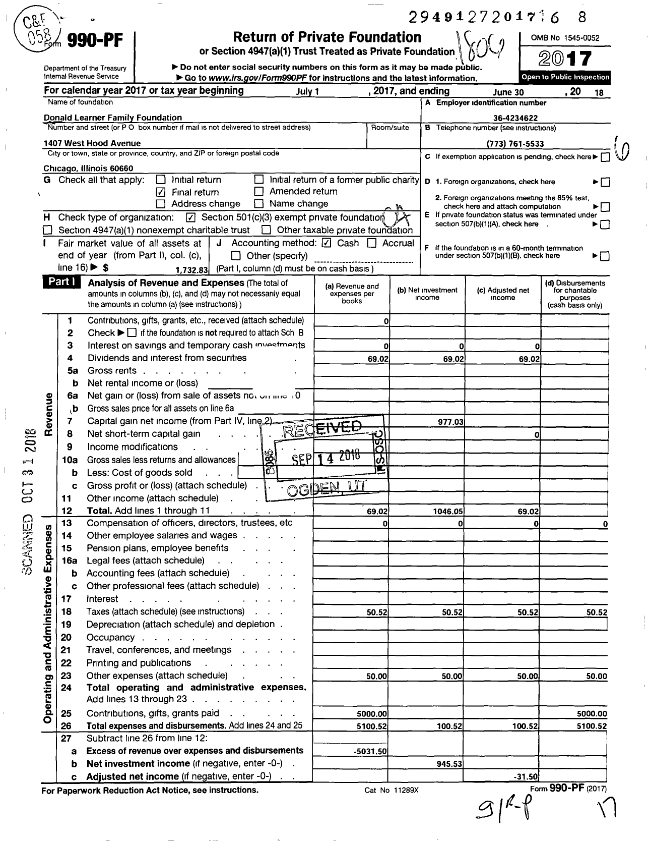 Image of first page of 2017 Form 990PF for Donald Learner Family Foundation