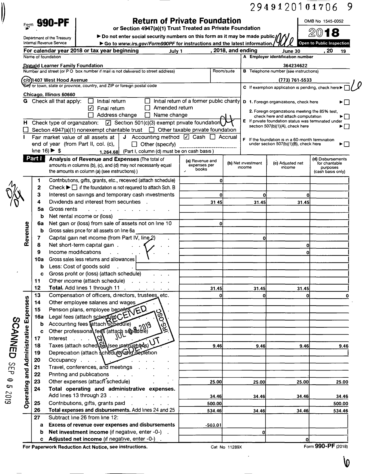 Image of first page of 2018 Form 990PF for Donald Learner Family Foundation