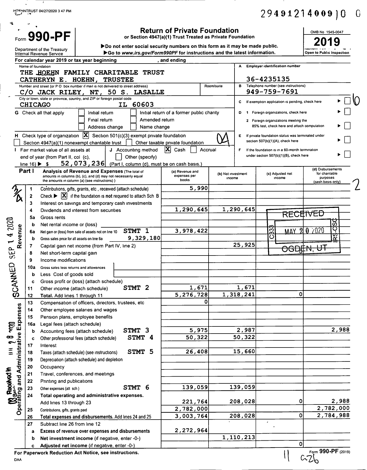 Image of first page of 2019 Form 990PR for The Hoehn Family Charitable Trust Catheryn E Hoehn Trustee