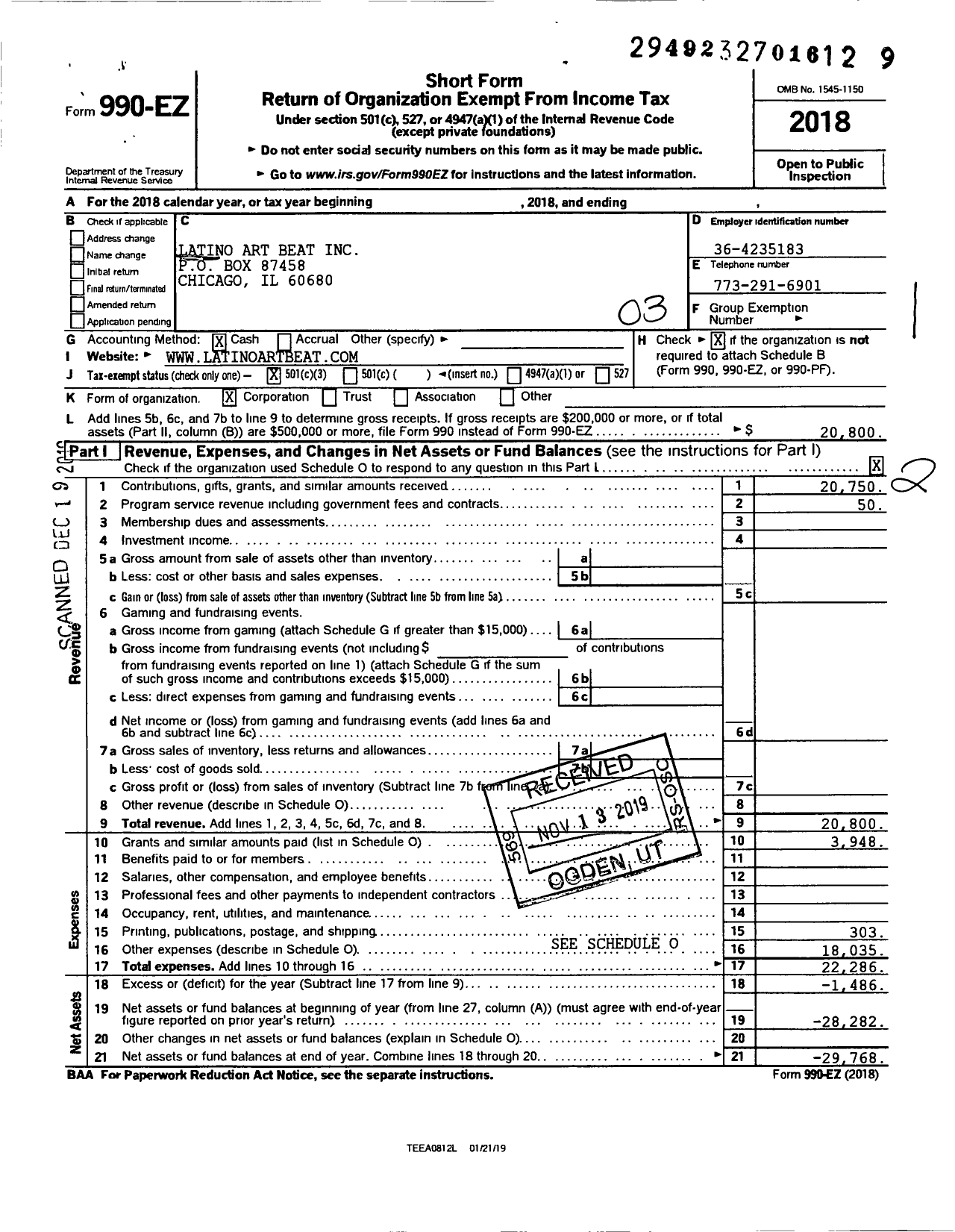 Image of first page of 2018 Form 990EZ for Latino Art Beat