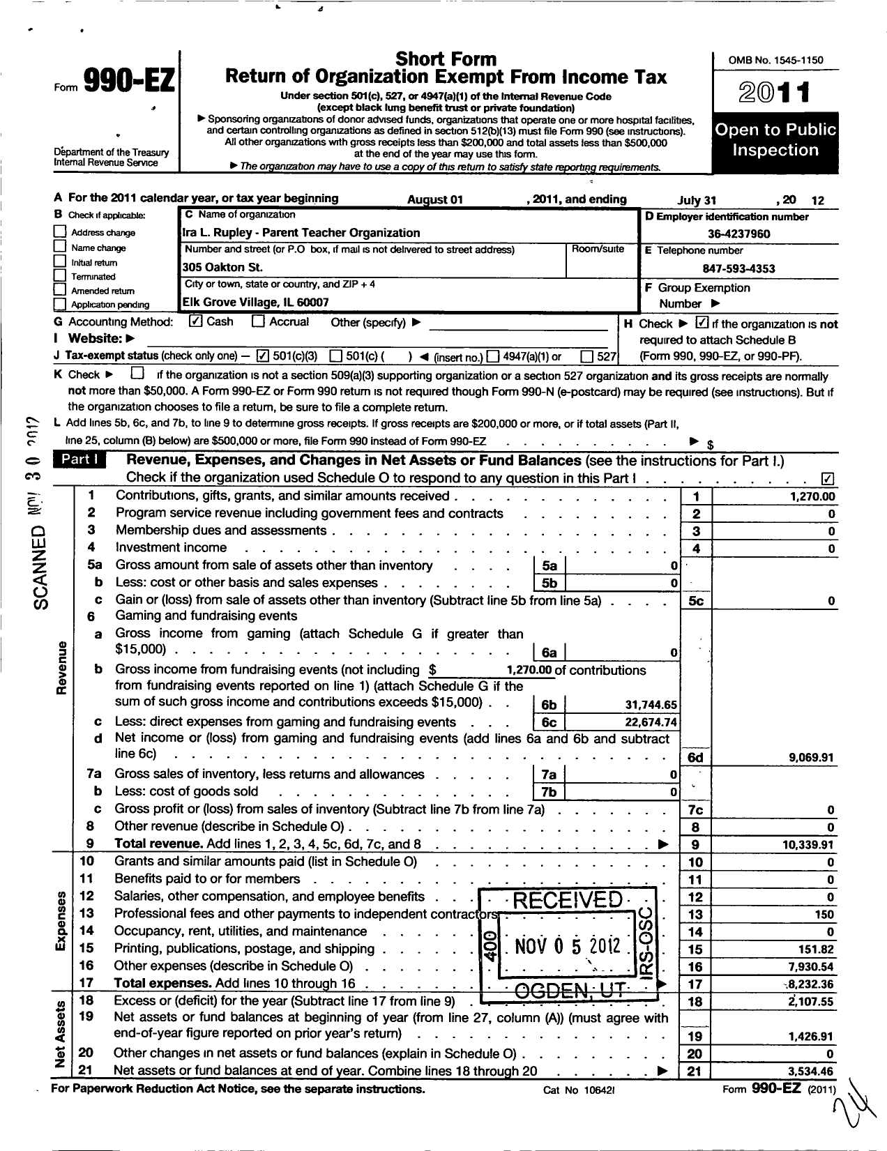Image of first page of 2011 Form 990EZ for Ira L Rupley School Parent Teacher Organization
