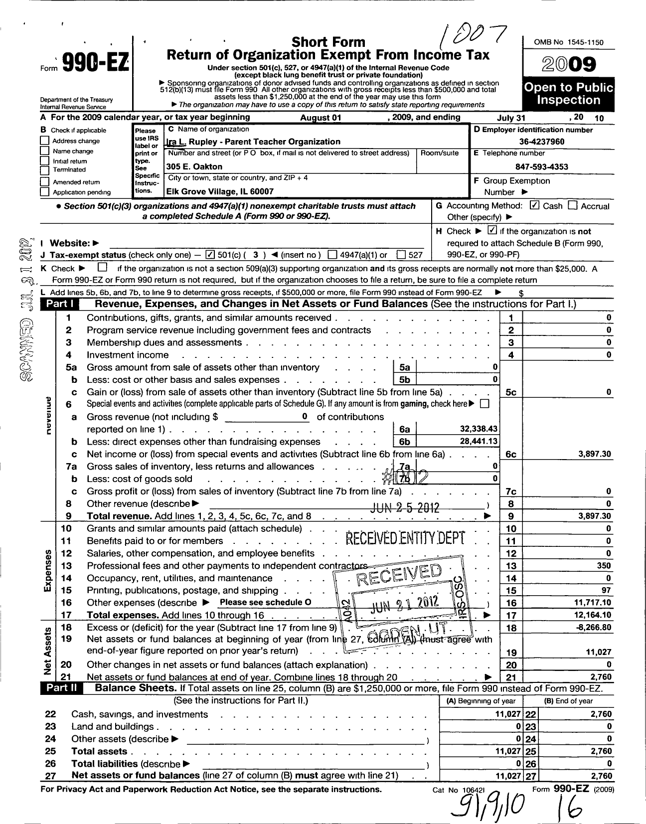 Image of first page of 2009 Form 990EZ for Ira L Rupley School Parent Teacher Organization