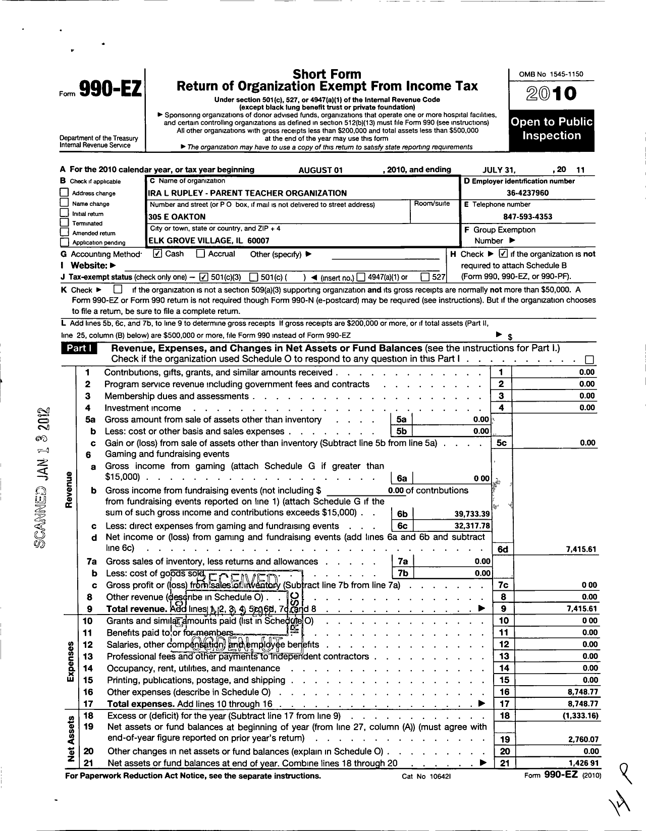 Image of first page of 2010 Form 990EZ for Ira L Rupley School Parent Teacher Organization