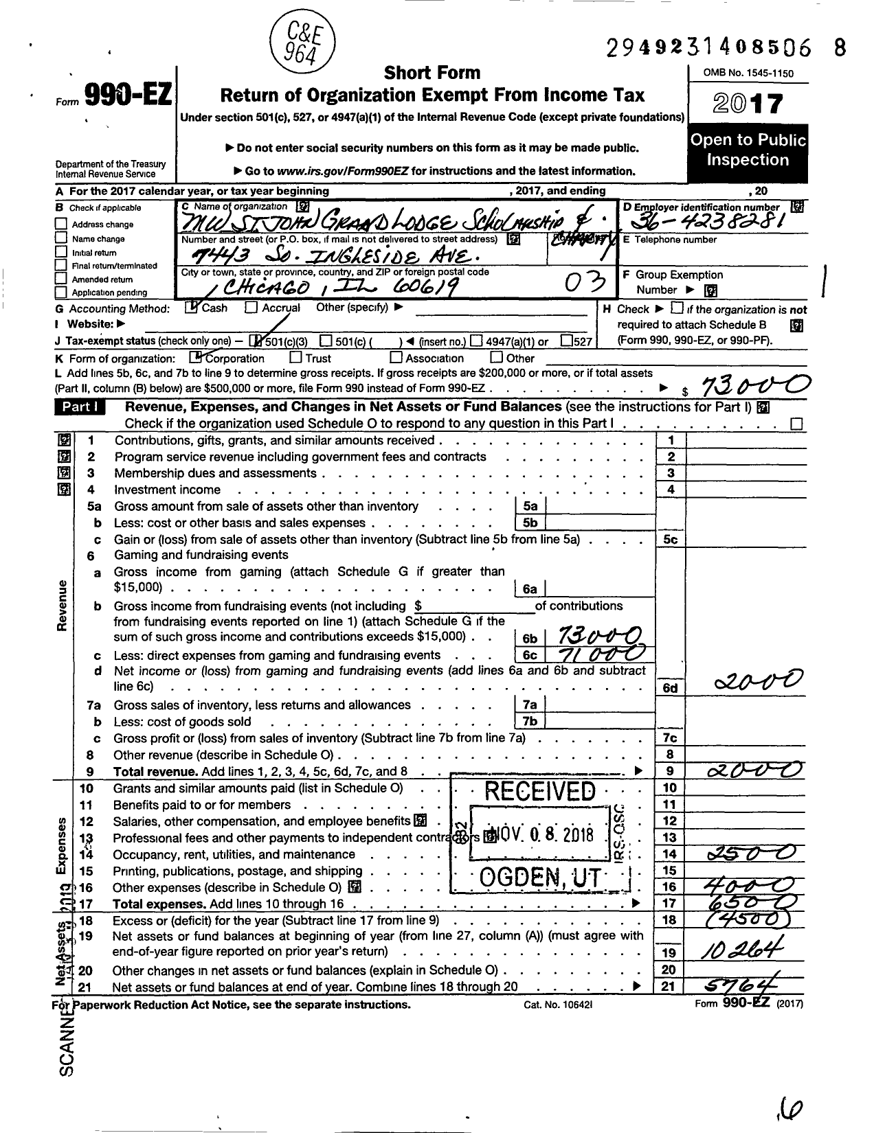 Image of first page of 2017 Form 990EZ for Most Worshipful St John Grand Lodge A F and A M Scholarship and Charity