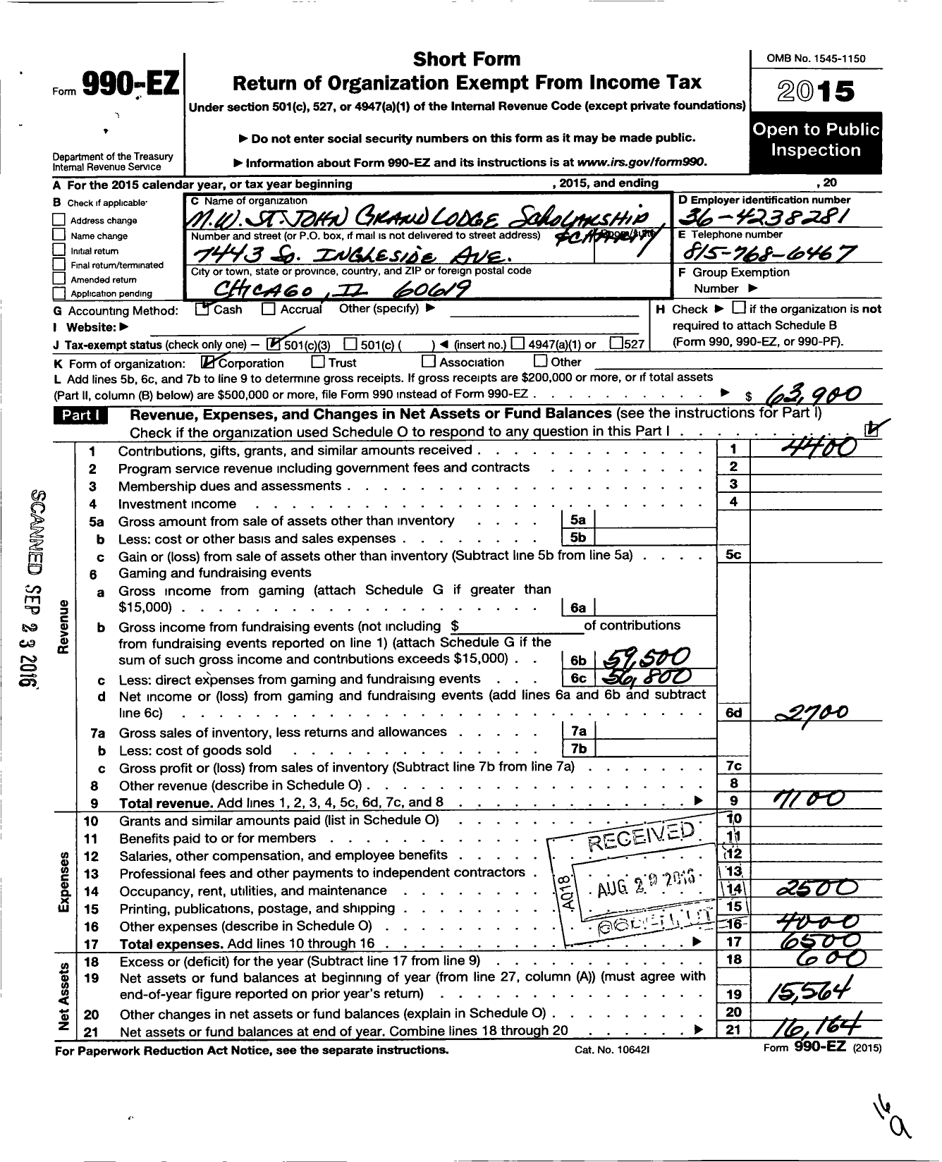 Image of first page of 2015 Form 990EZ for Most Worshipful St John Grand Lodge A F and A M Scholarship and Charity