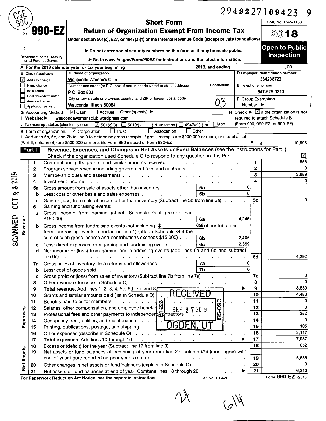 Image of first page of 2018 Form 990EZ for Wauconda Womans Club