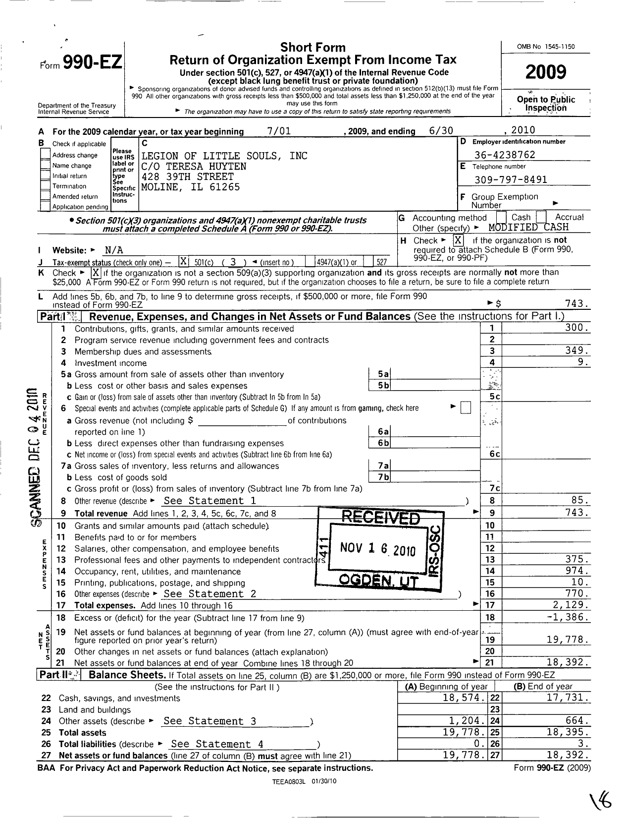 Image of first page of 2009 Form 990EZ for Legion of Little Souls