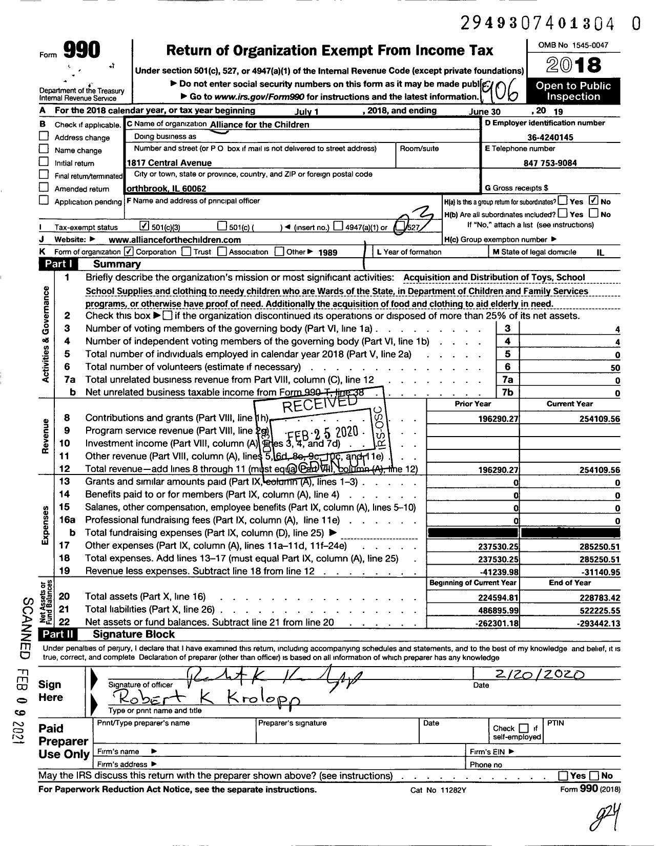 Image of first page of 2018 Form 990 for Alliance for the Children