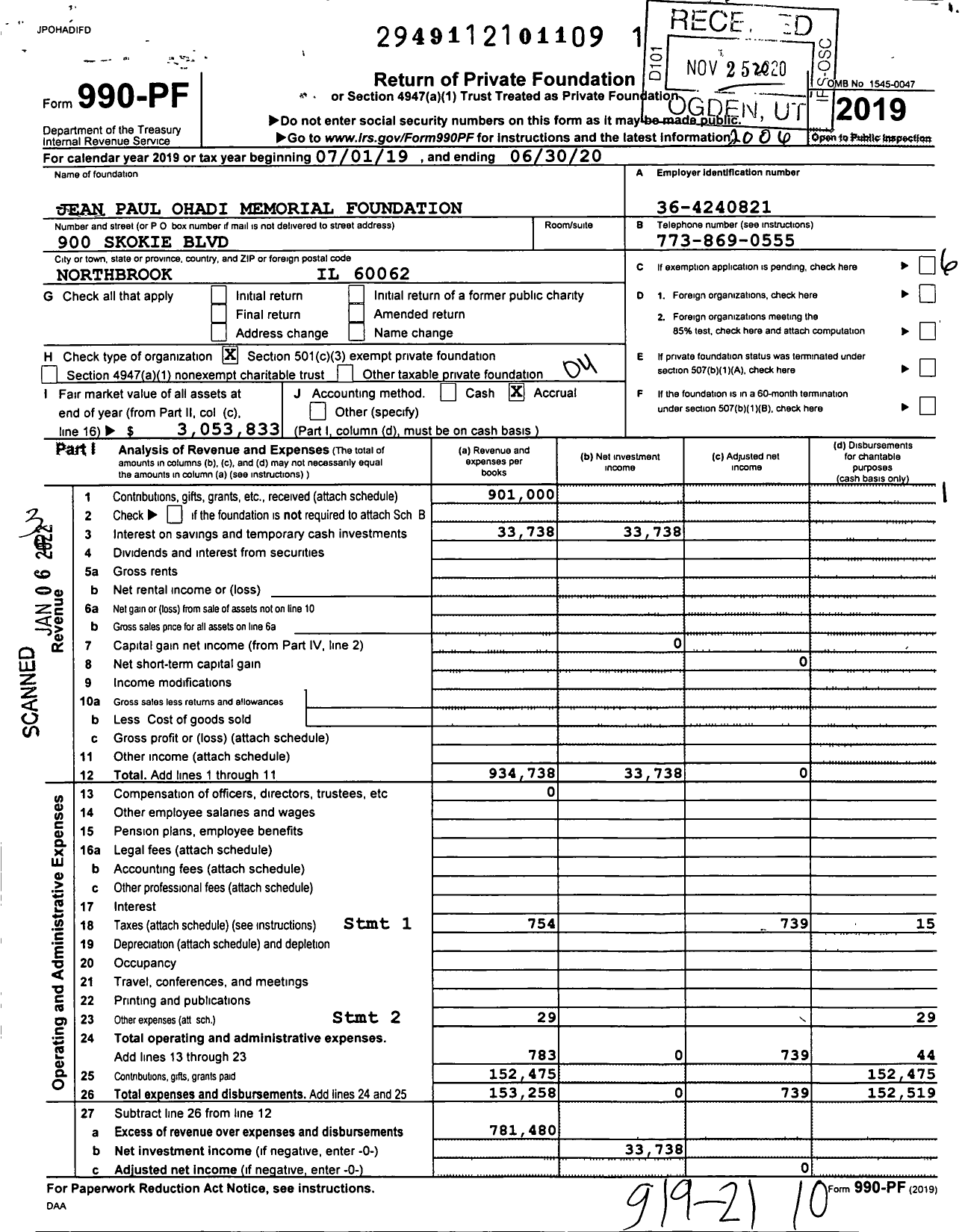 Image of first page of 2019 Form 990PF for Jean Paul Ohadi Memorial Foundation