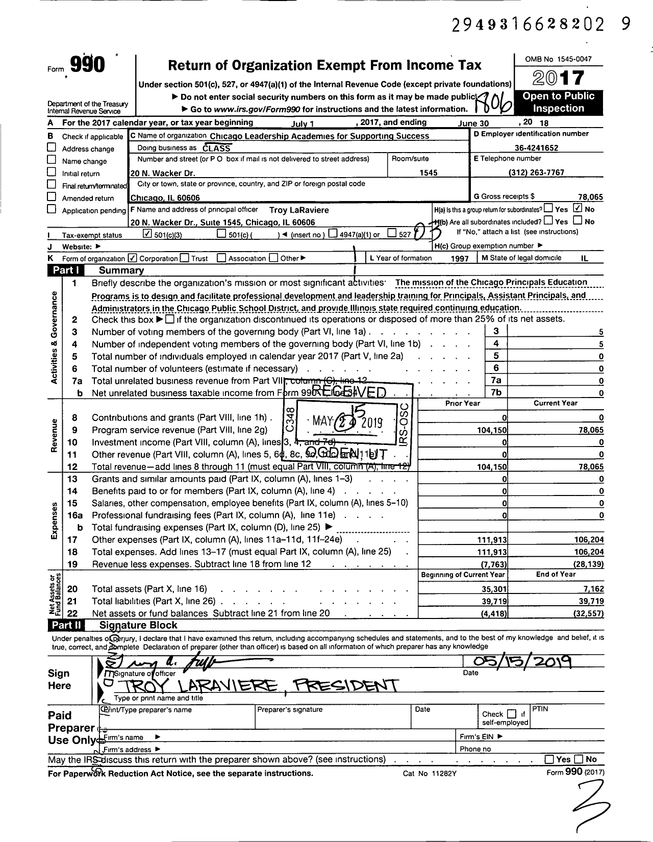 Image of first page of 2017 Form 990 for Chicago Leadership Academies for Supporting Success (CLASS)