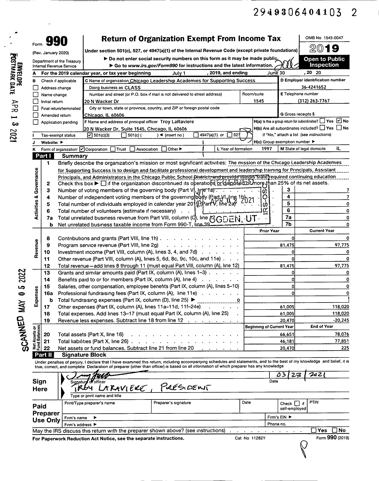 Image of first page of 2019 Form 990 for Chicago Leadership Academies for Supporting Success (CLASS)