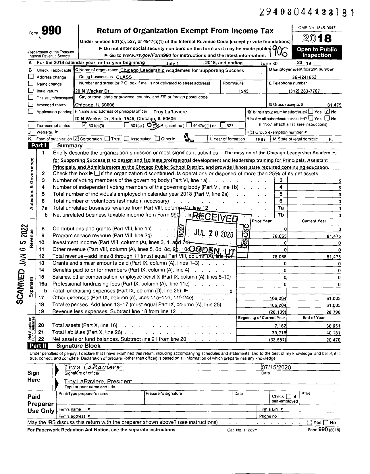 Image of first page of 2018 Form 990 for Chicago Leadership Academies for Supporting Success (CLASS)