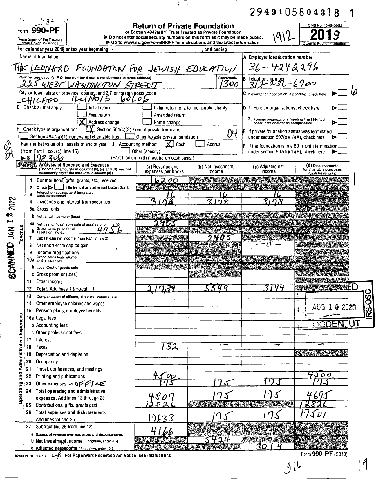 Image of first page of 2019 Form 990PF for The Leonard Foundation for Jewish Education