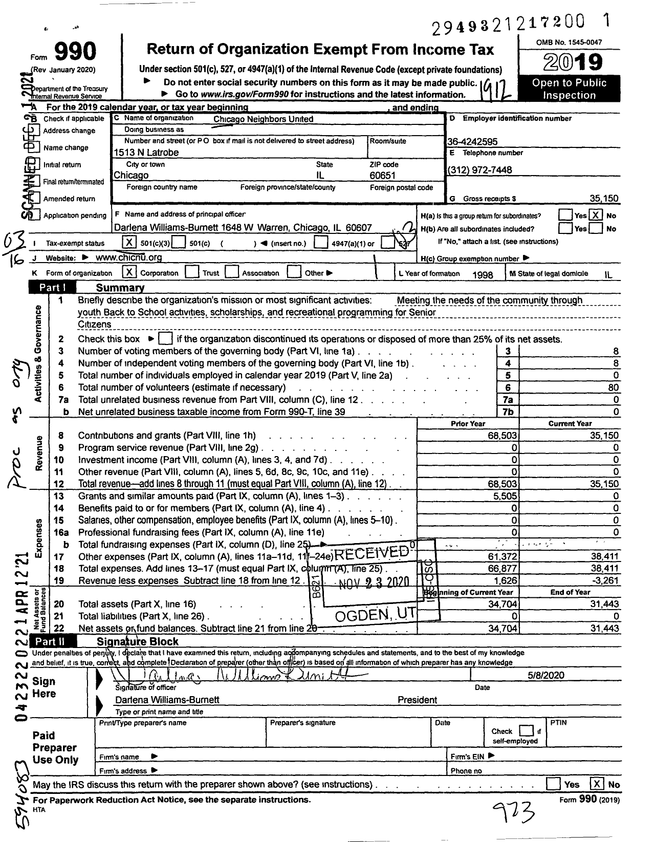 Image of first page of 2019 Form 990 for Chicago Neighbors United