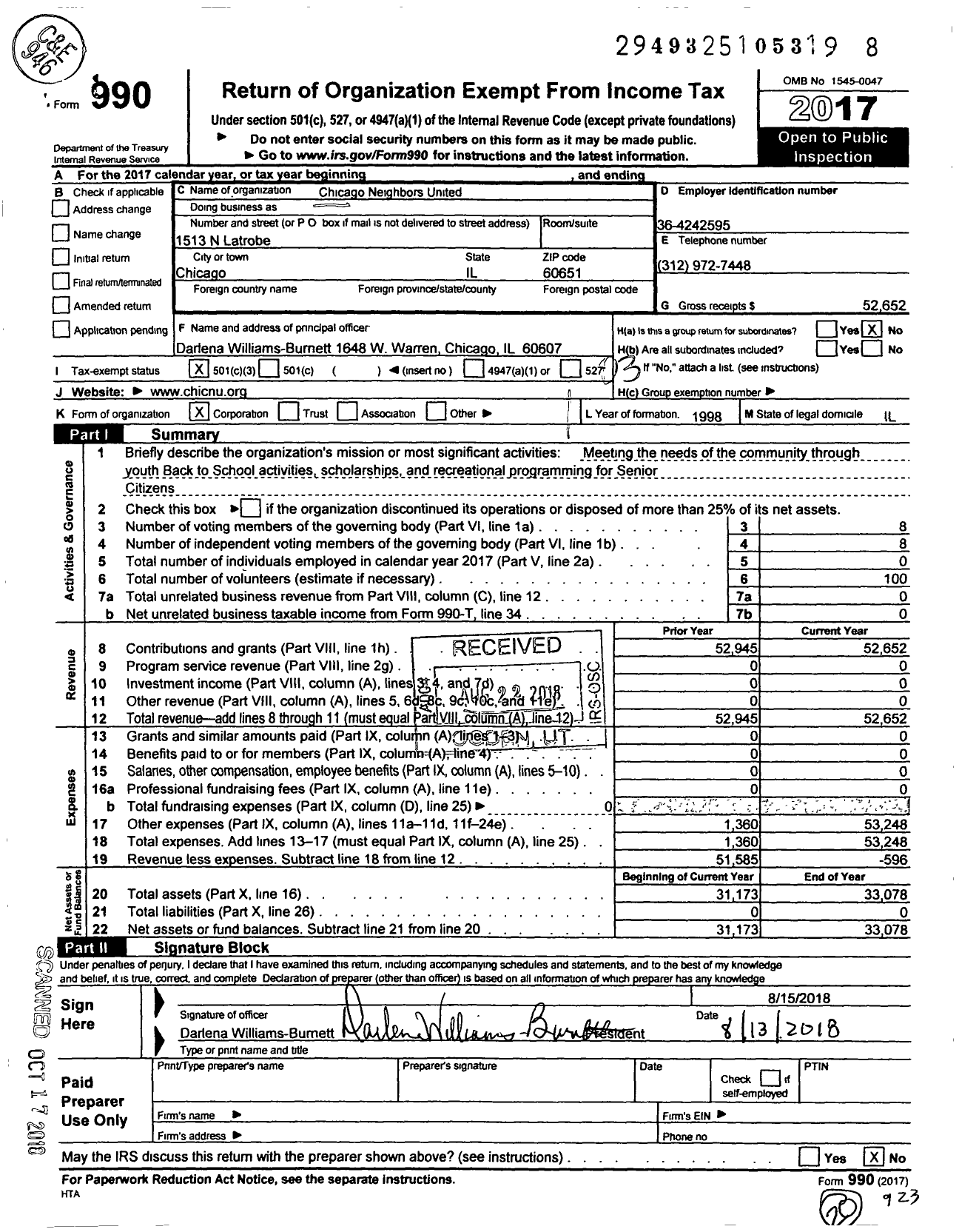 Image of first page of 2017 Form 990 for Chicago Neighbors United