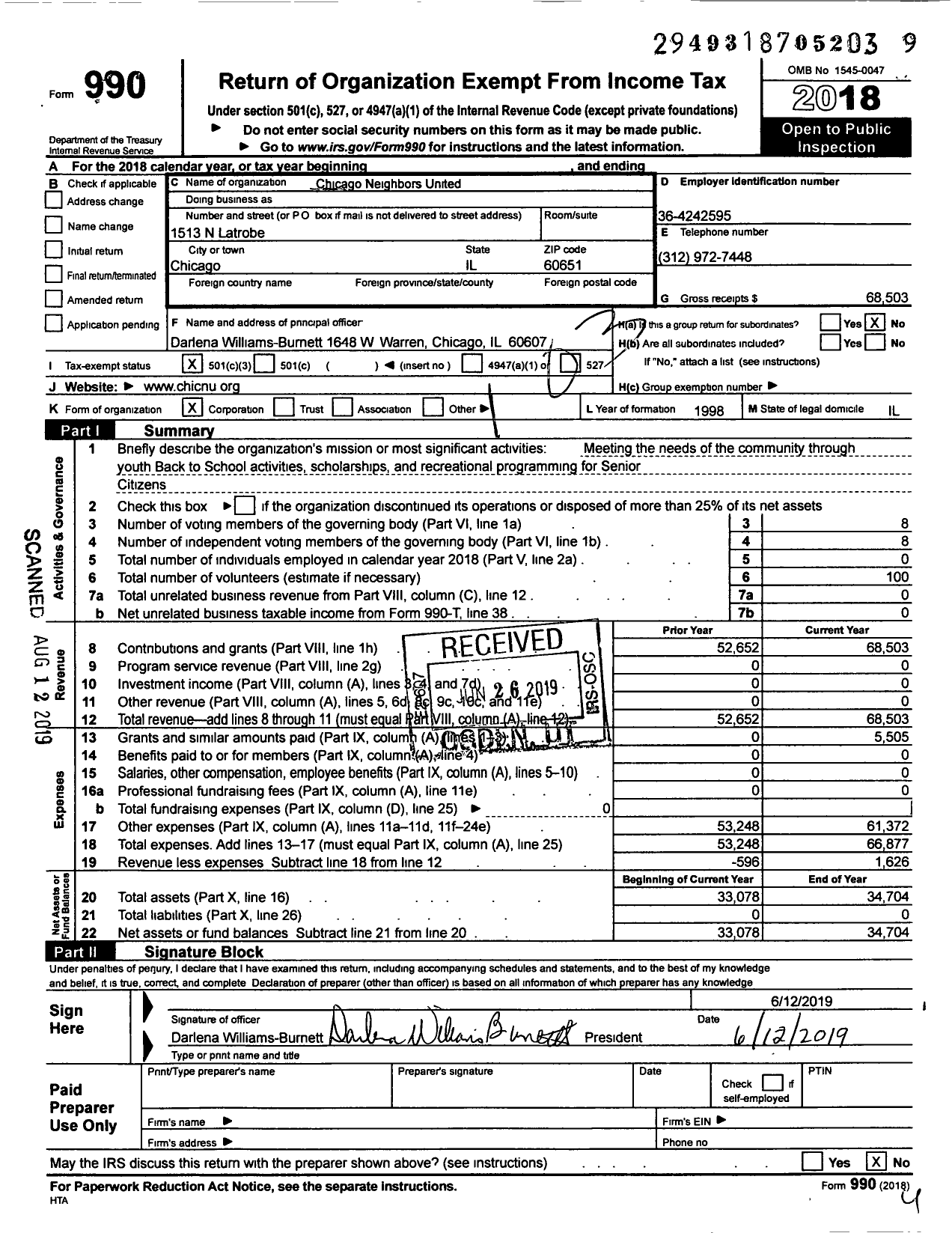 Image of first page of 2018 Form 990 for Chicago Neighbors United