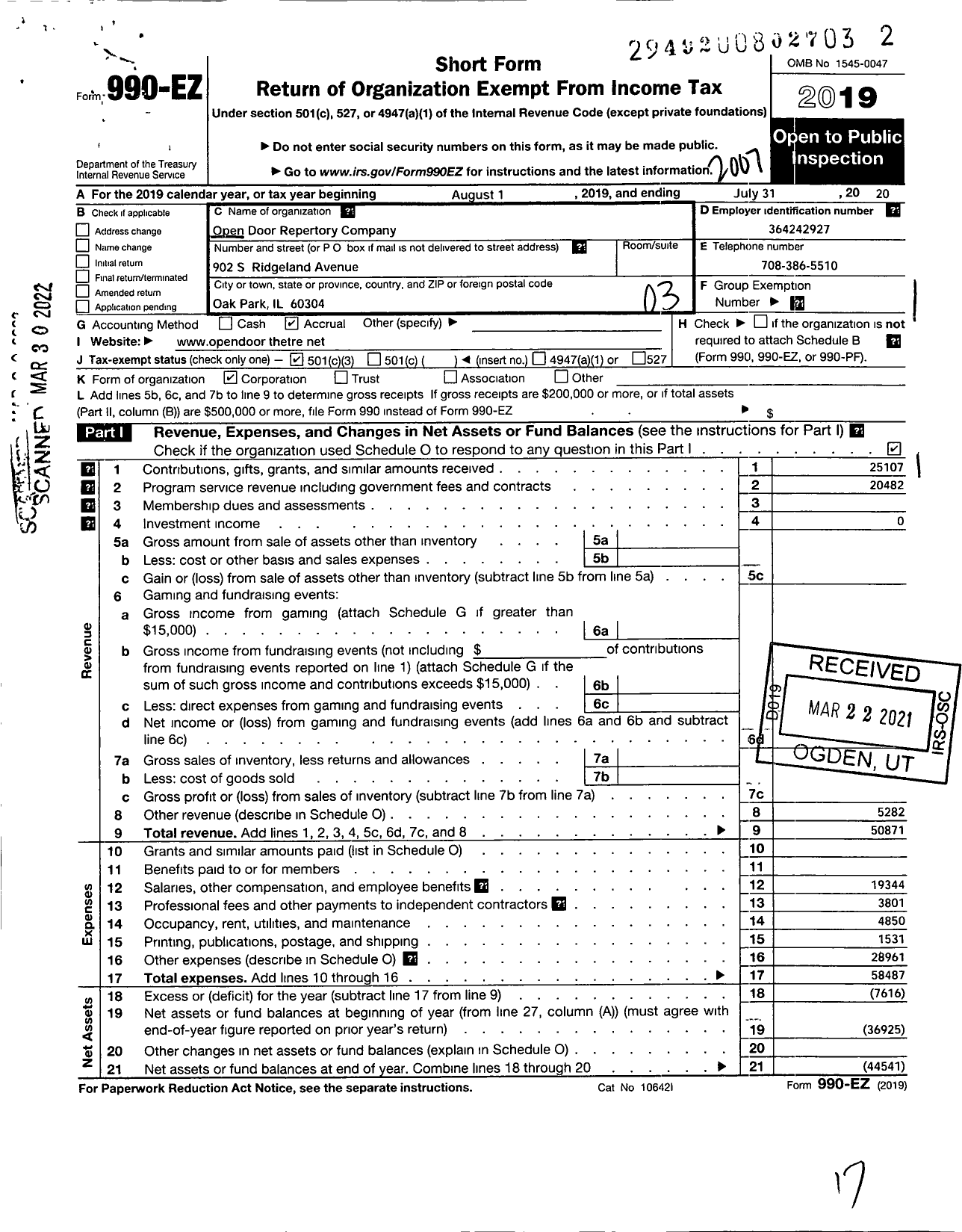 Image of first page of 2019 Form 990EZ for Open Door Repertory Company