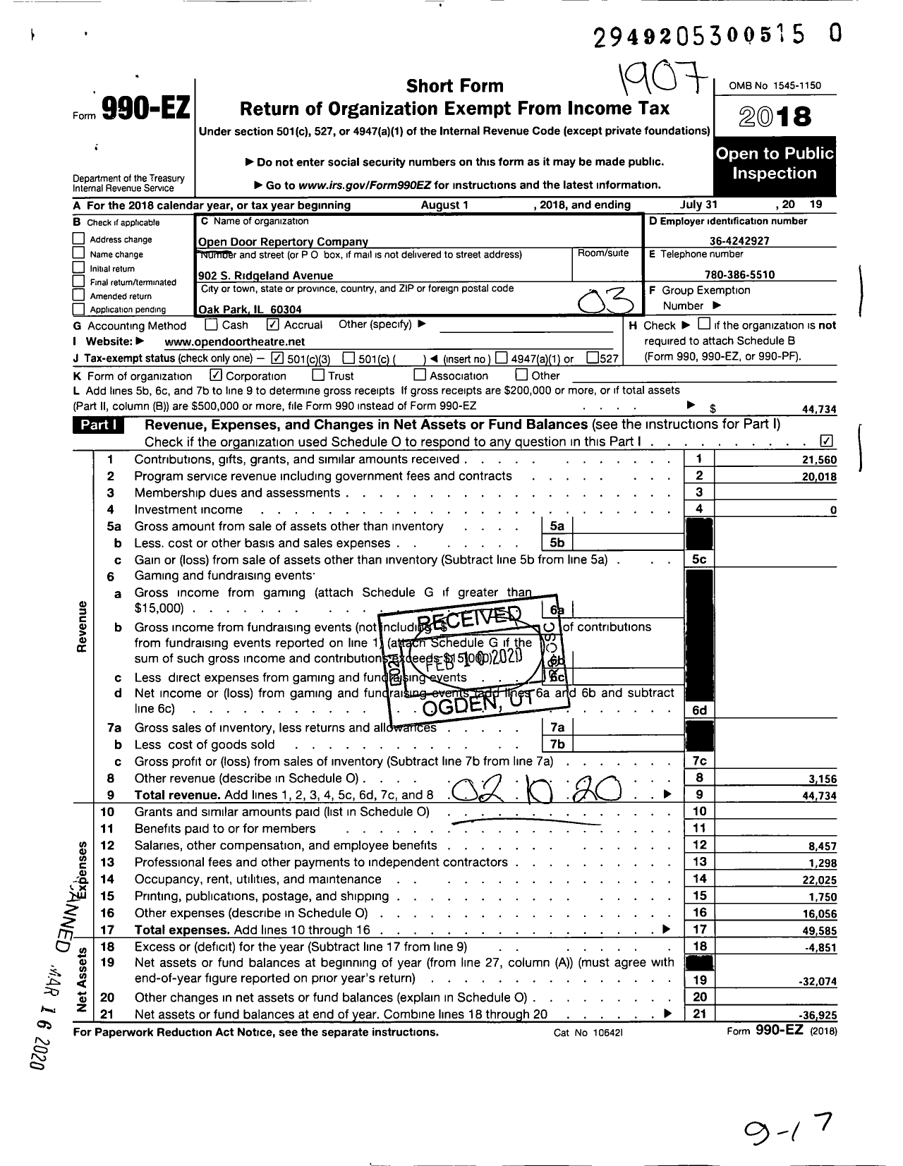 Image of first page of 2018 Form 990EZ for Open Door Repertory Company