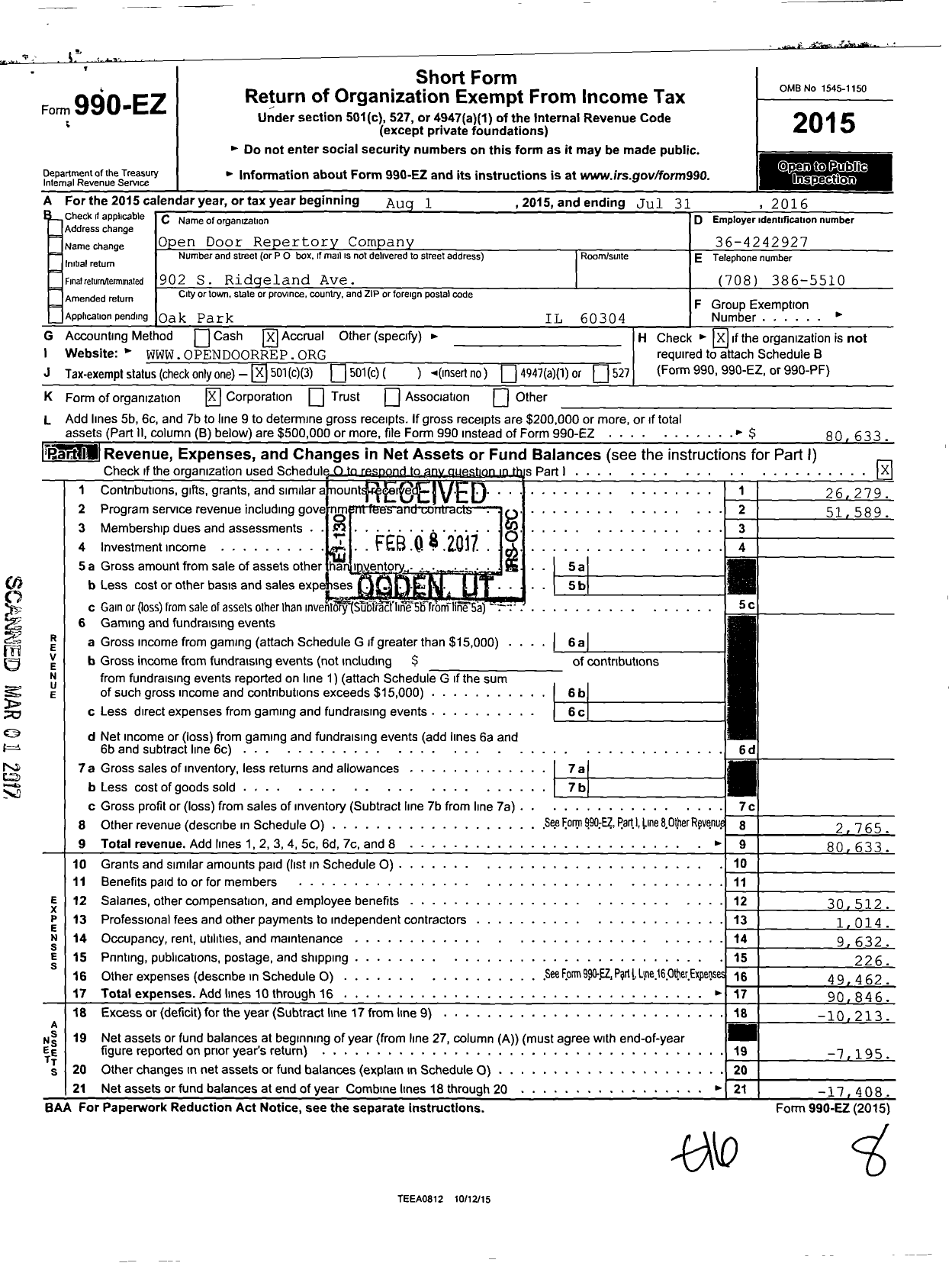 Image of first page of 2015 Form 990EZ for Open Door Repertory Company