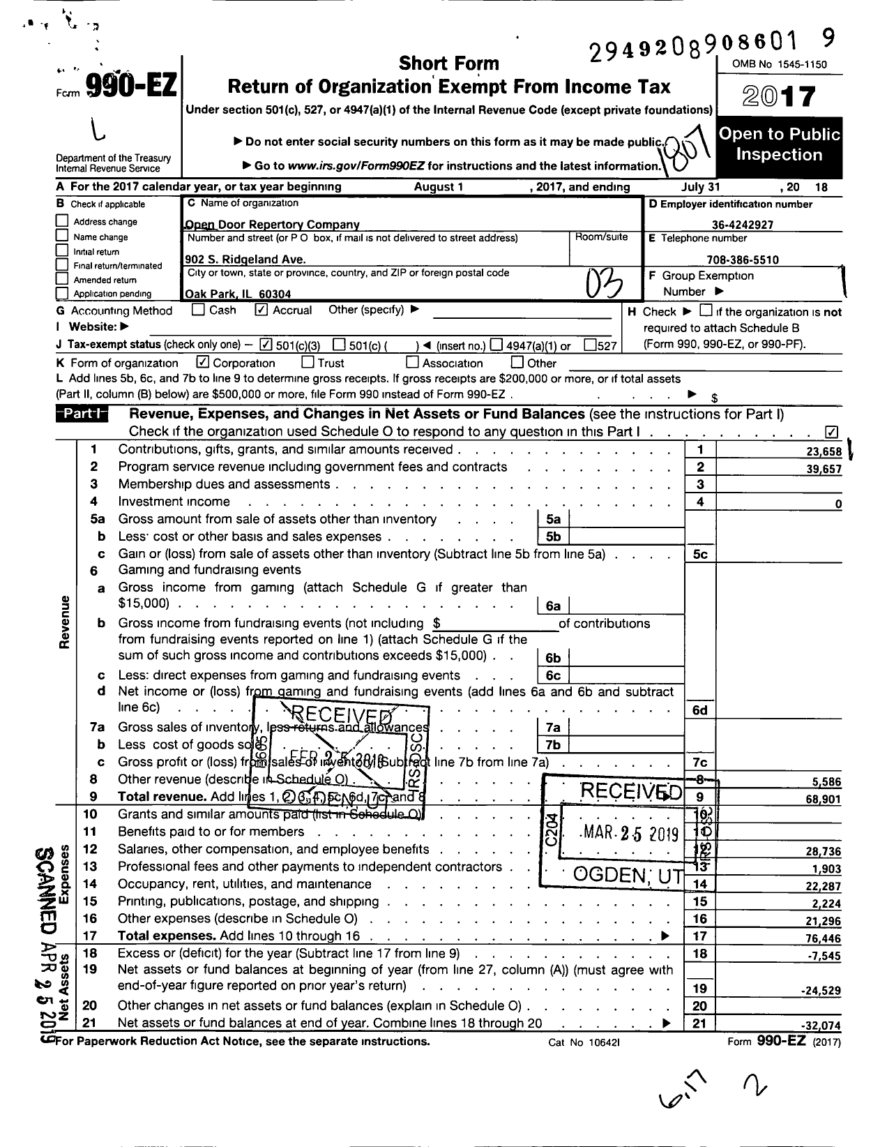 Image of first page of 2017 Form 990EZ for Open Door Repertory Company