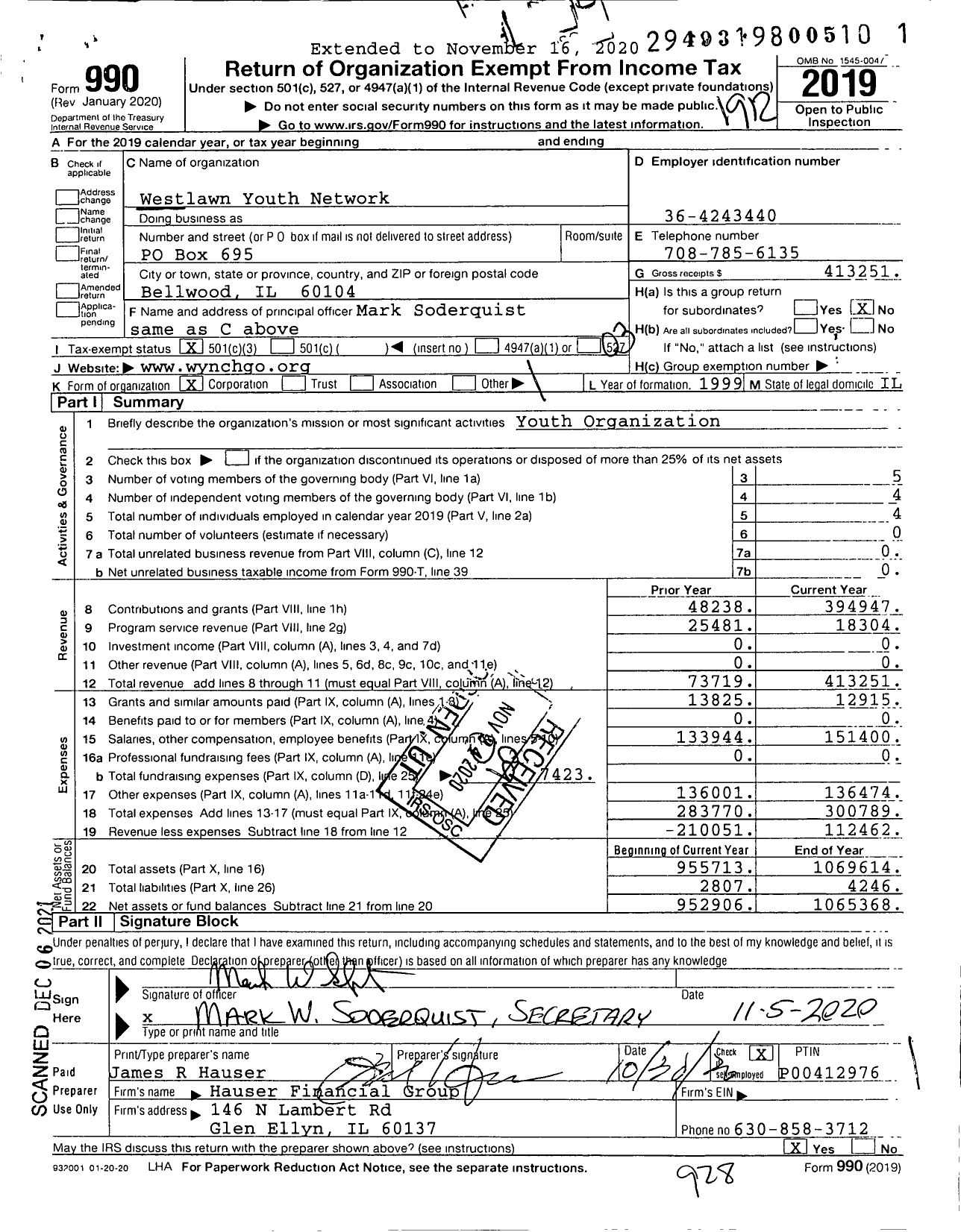 Image of first page of 2019 Form 990 for Westlawn Youth Network