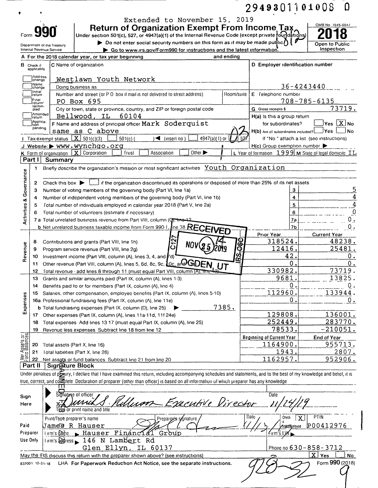 Image of first page of 2018 Form 990 for Westlawn Youth Network