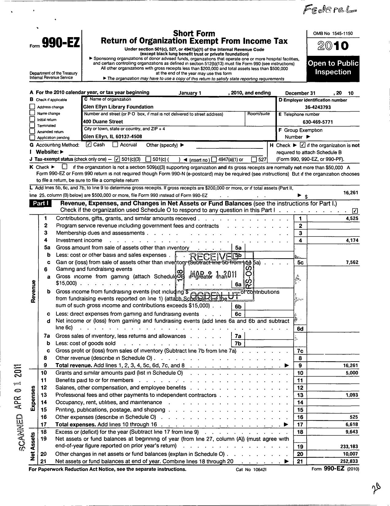 Image of first page of 2010 Form 990EZ for Glen Ellyn Library Foundation