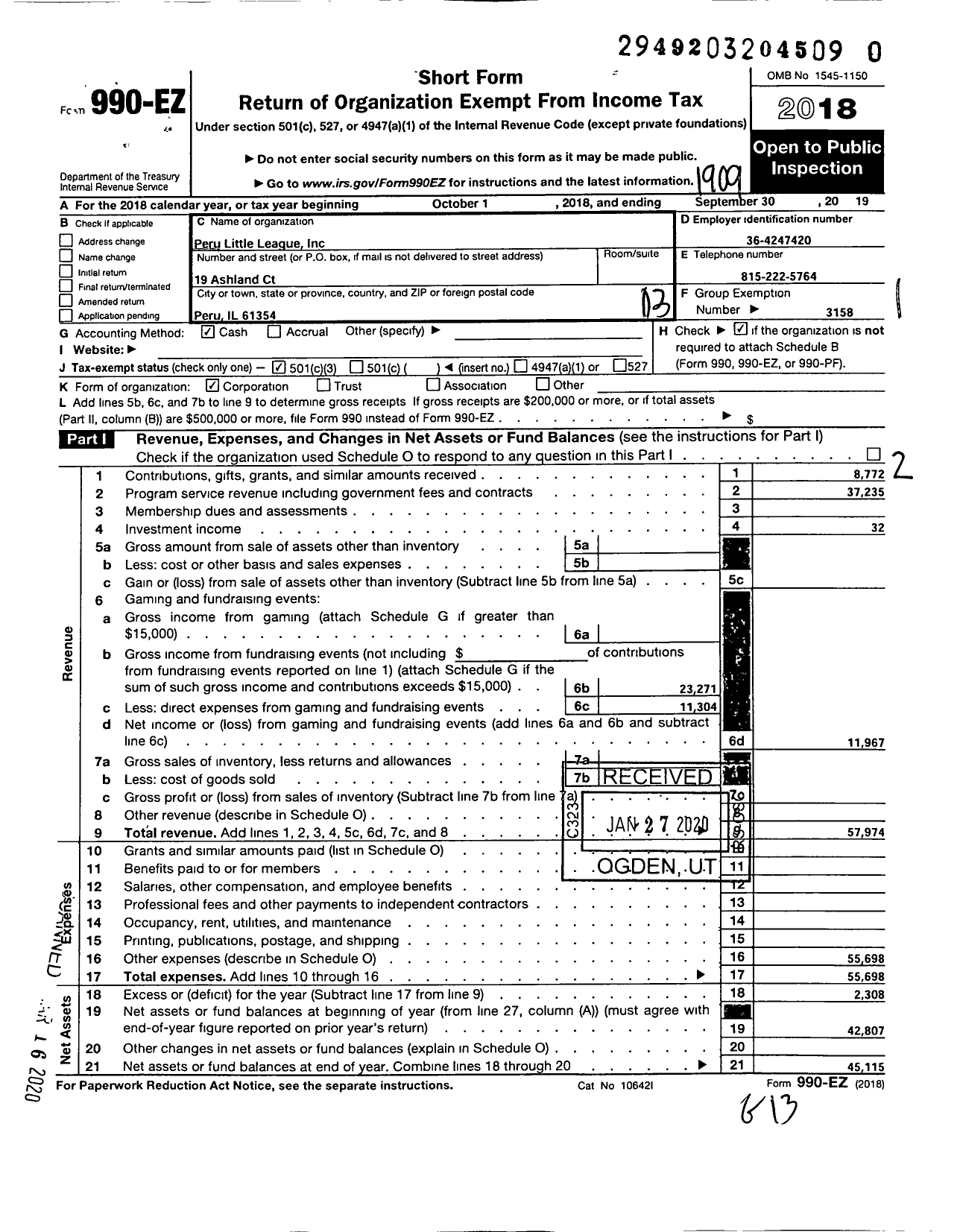 Image of first page of 2018 Form 990EZ for Little League Baseball - 1132008 Peru LL