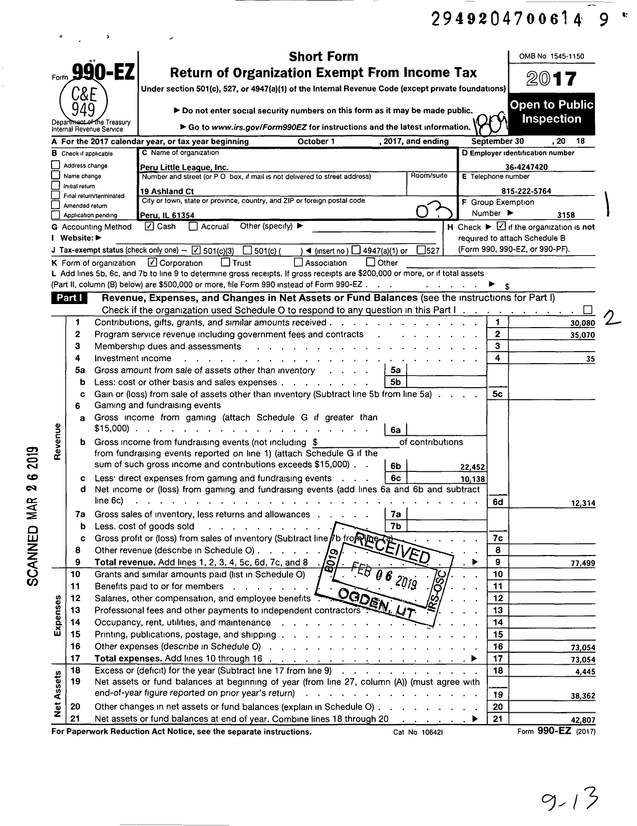 Image of first page of 2017 Form 990EZ for Little League Baseball - 1132008 Peru LL