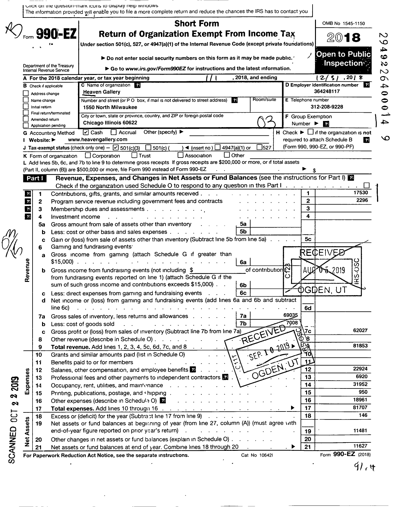 Image of first page of 2018 Form 990EZ for Heaven Gallery