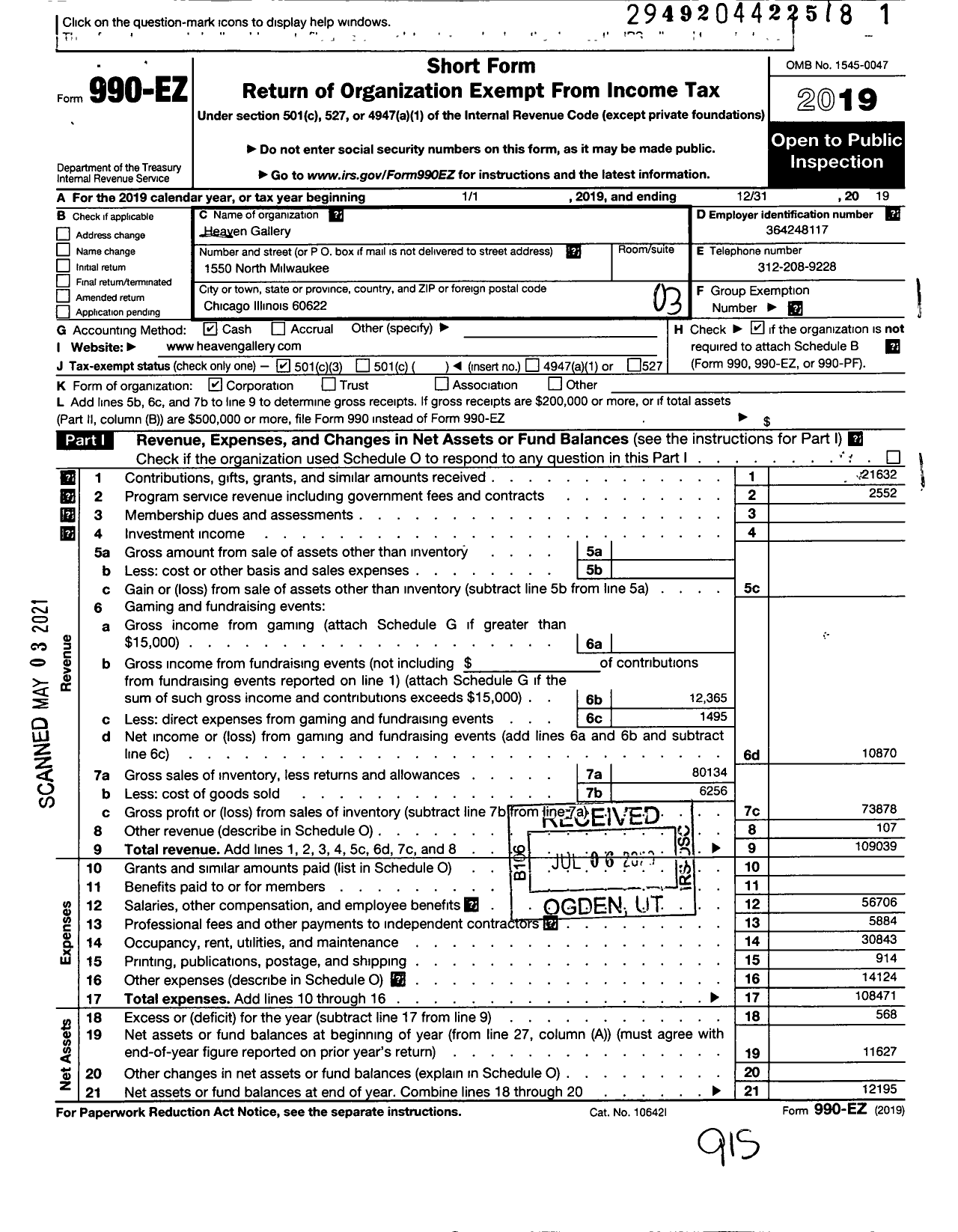 Image of first page of 2019 Form 990EZ for Heaven Gallery