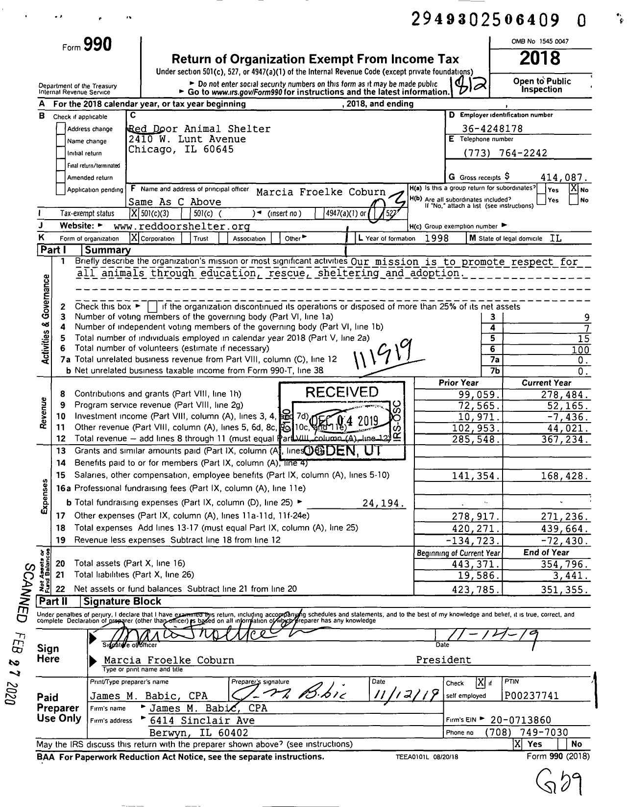 Image of first page of 2018 Form 990 for Red Door Animal Shelter