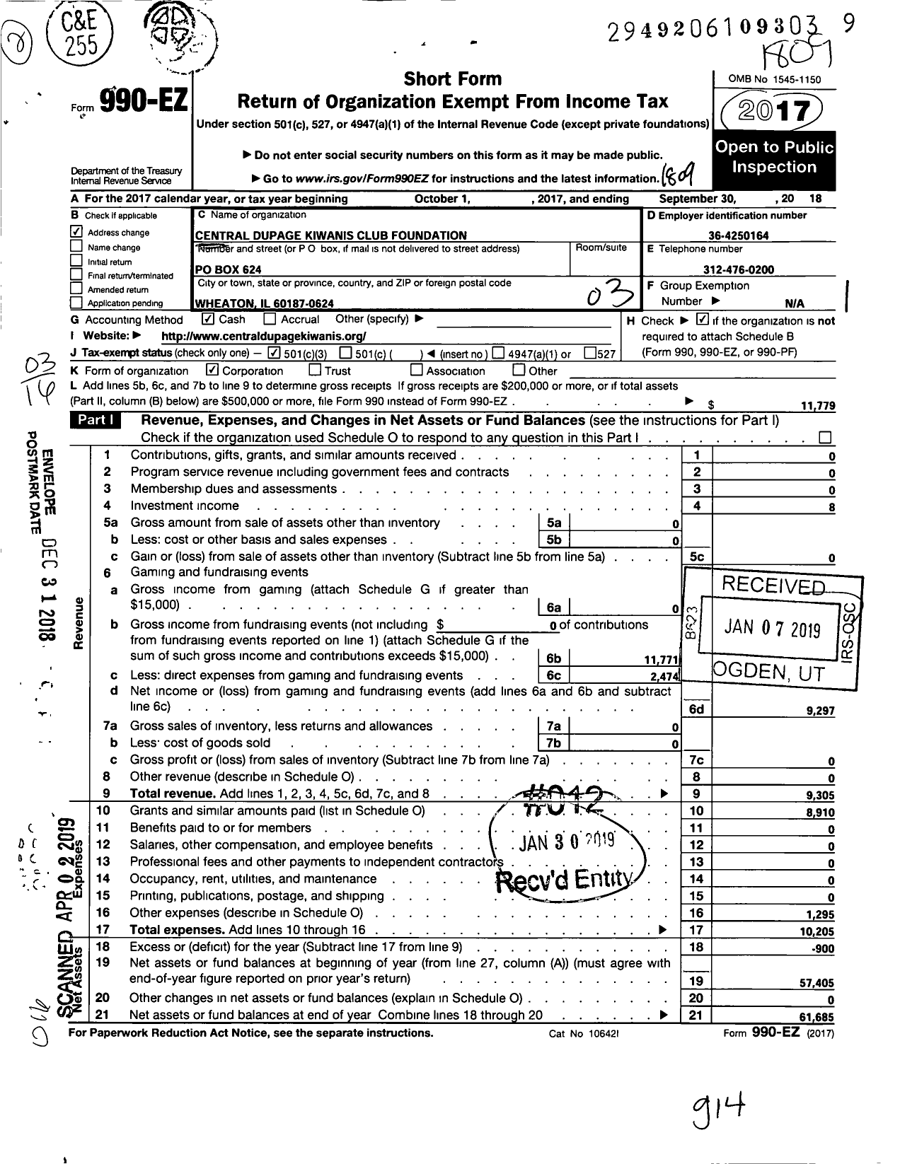 Image of first page of 2017 Form 990EZ for Central Dupage Kiwanis Club Foundation