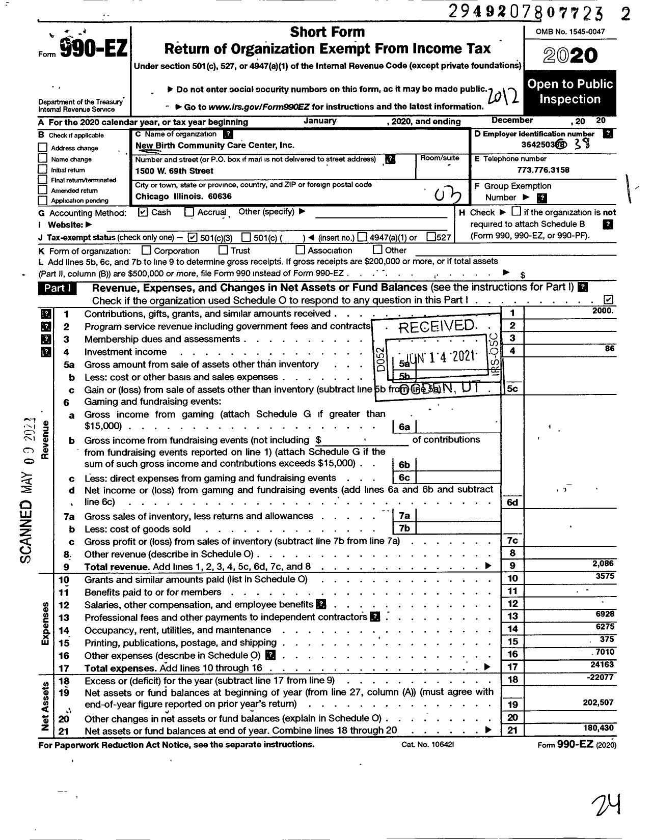 Image of first page of 2020 Form 990EZ for New Birth Community Care Center