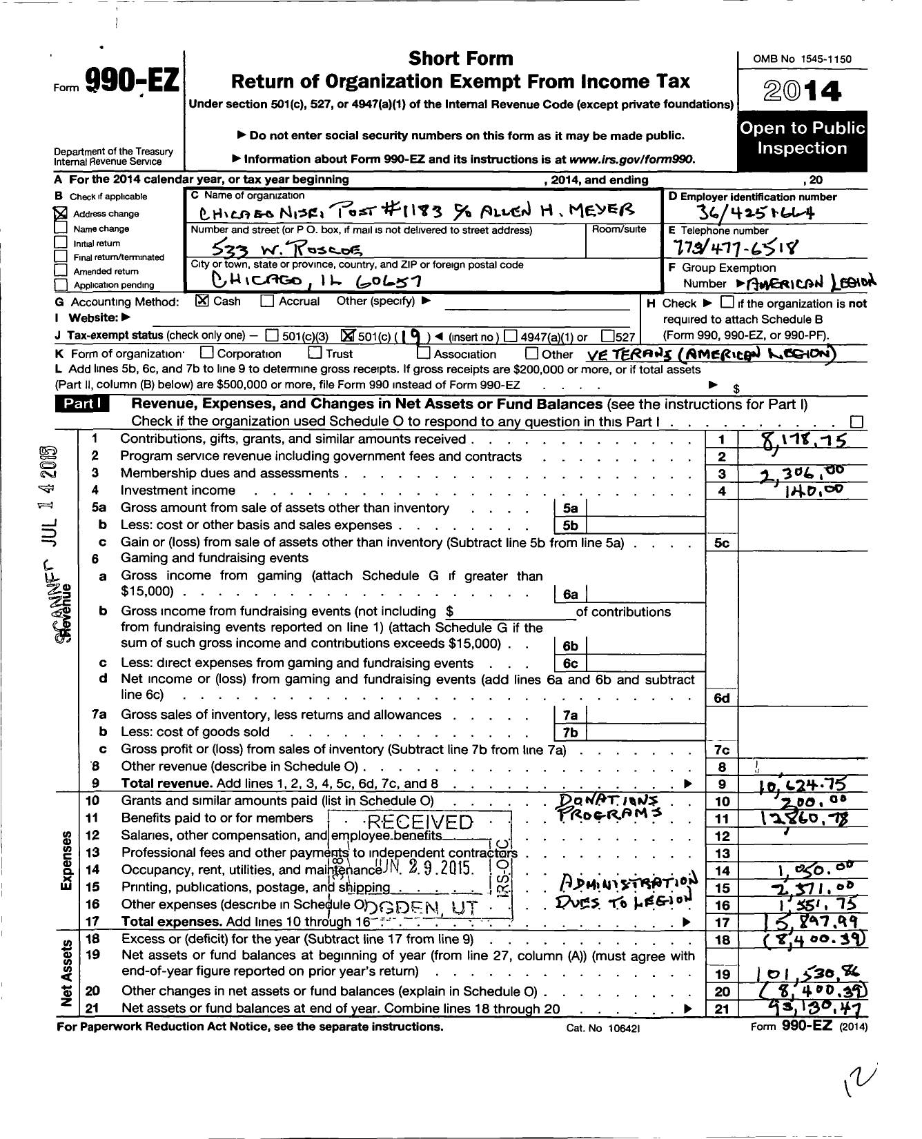 Image of first page of 2014 Form 990EO for American Legion 1183 Chicago Nisei