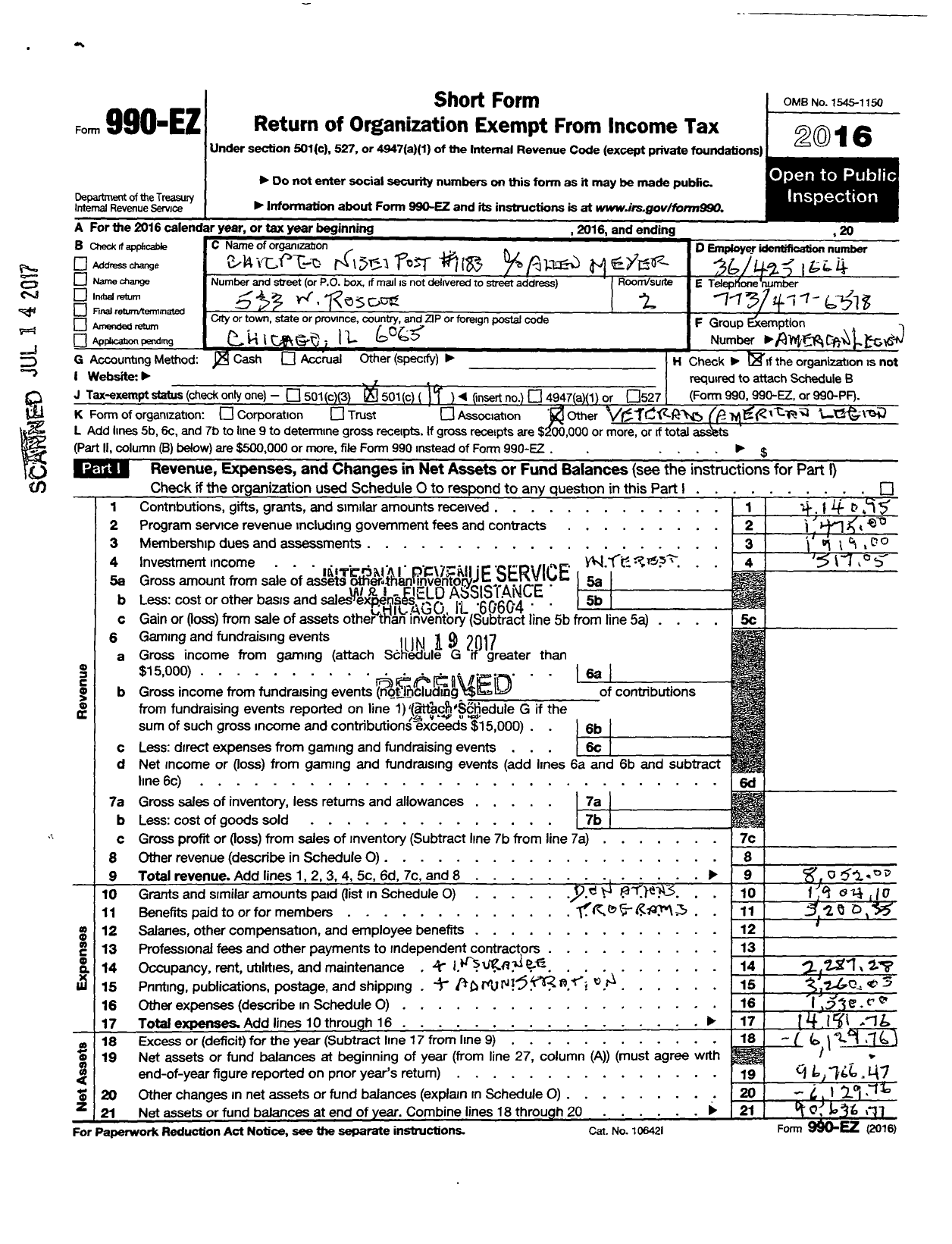 Image of first page of 2016 Form 990EO for American Legion 1183 Chicago Nisei