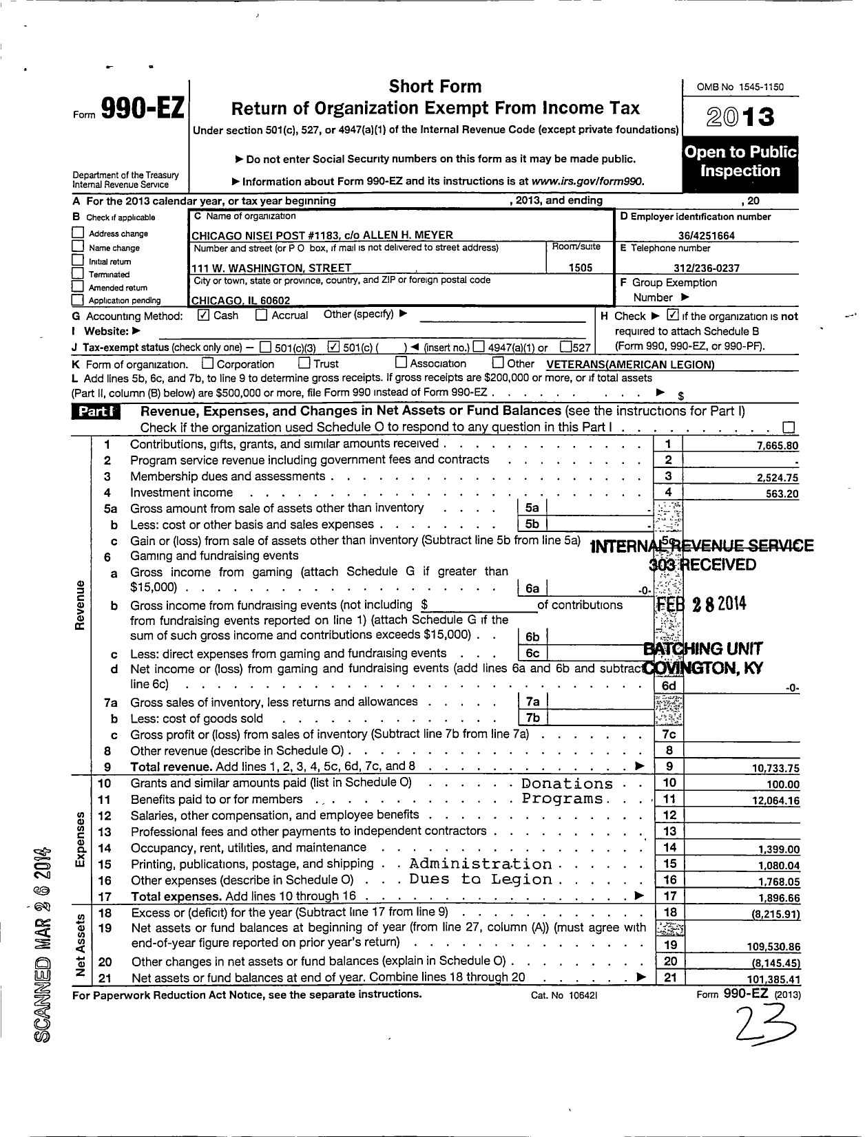 Image of first page of 2013 Form 990EO for American Legion 1183 Chicago Nisei