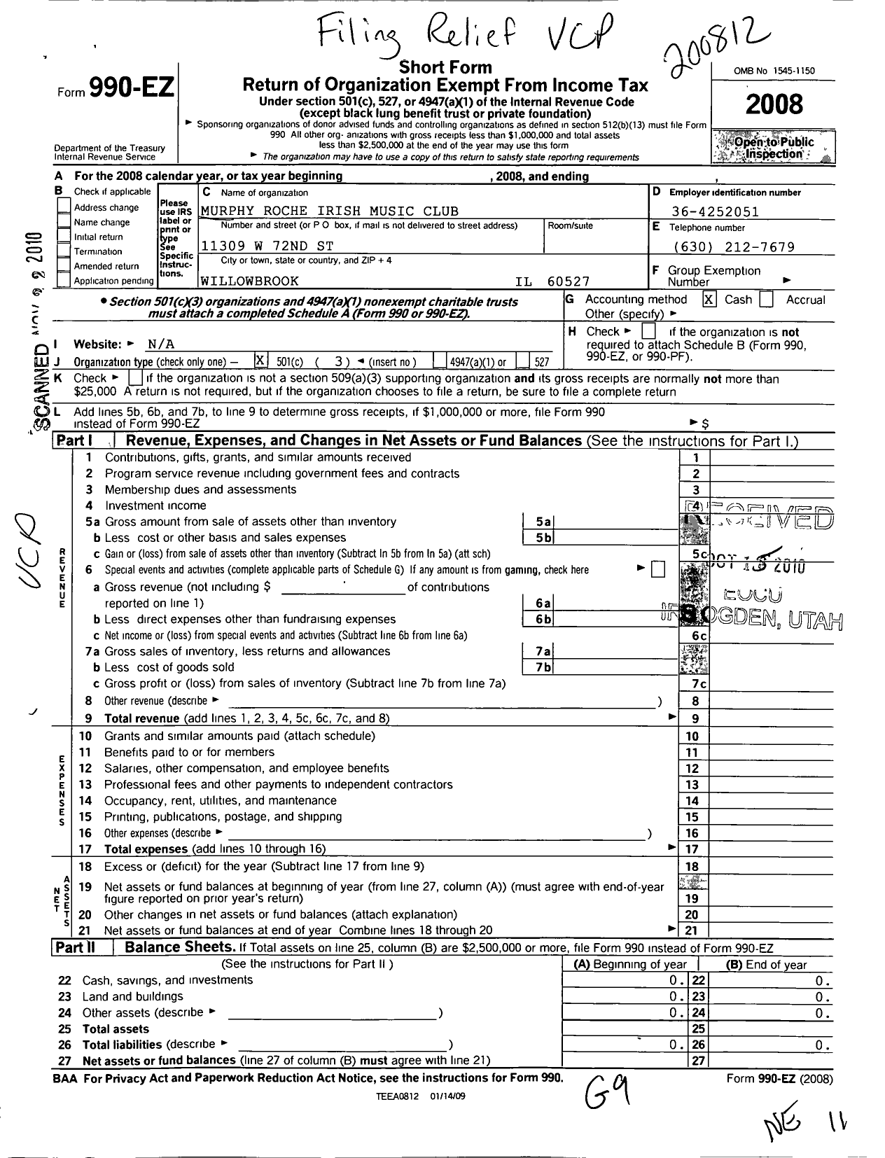 Image of first page of 2008 Form 990EZ for Murphy Roche Irish Music Club