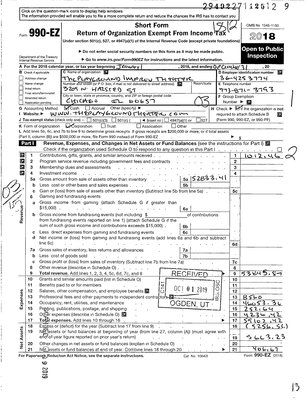 Image of first page of 2018 Form 990EZ for Playground Improv Theater