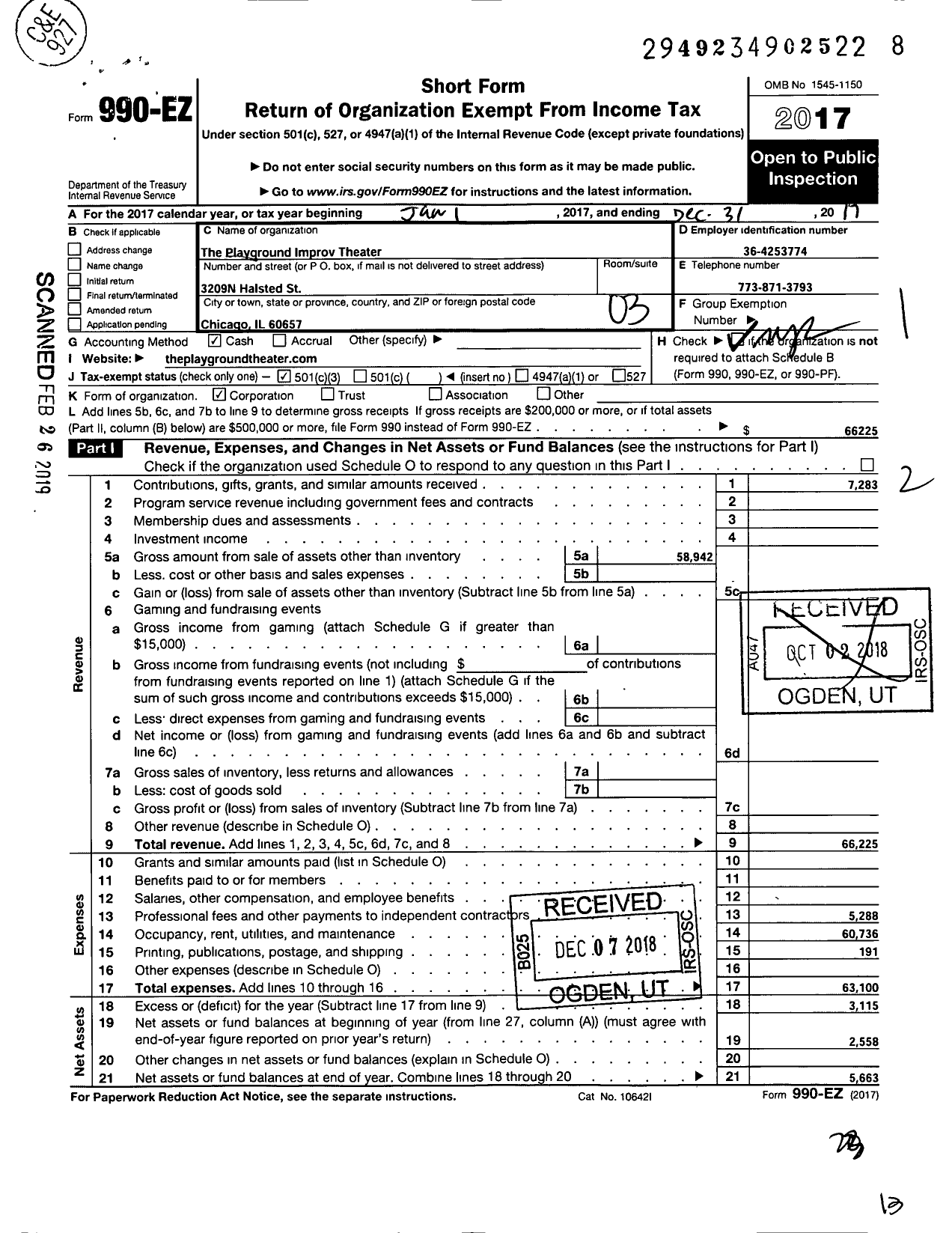 Image of first page of 2017 Form 990EZ for Playground Improv Theater