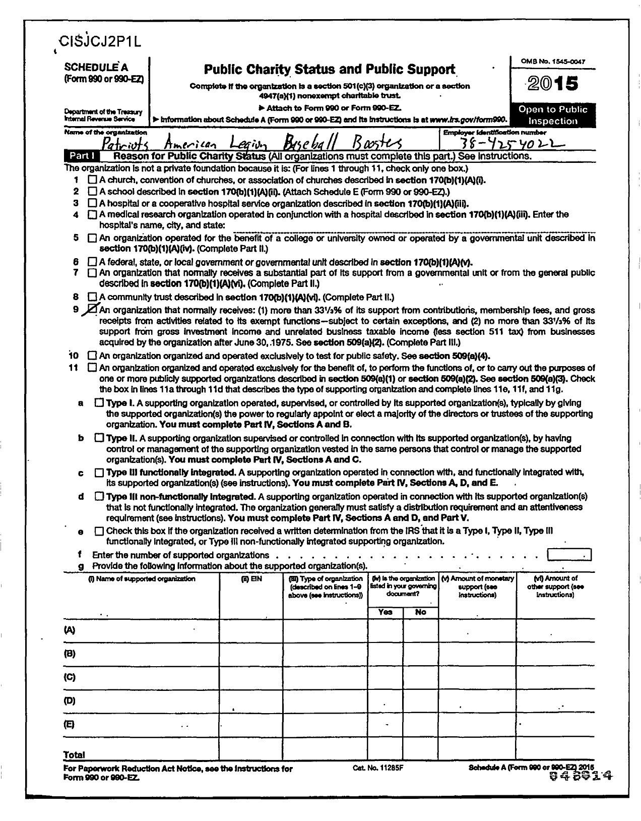 Image of first page of 2015 Form 990ER for Patriots American Legion Baseball Boosters