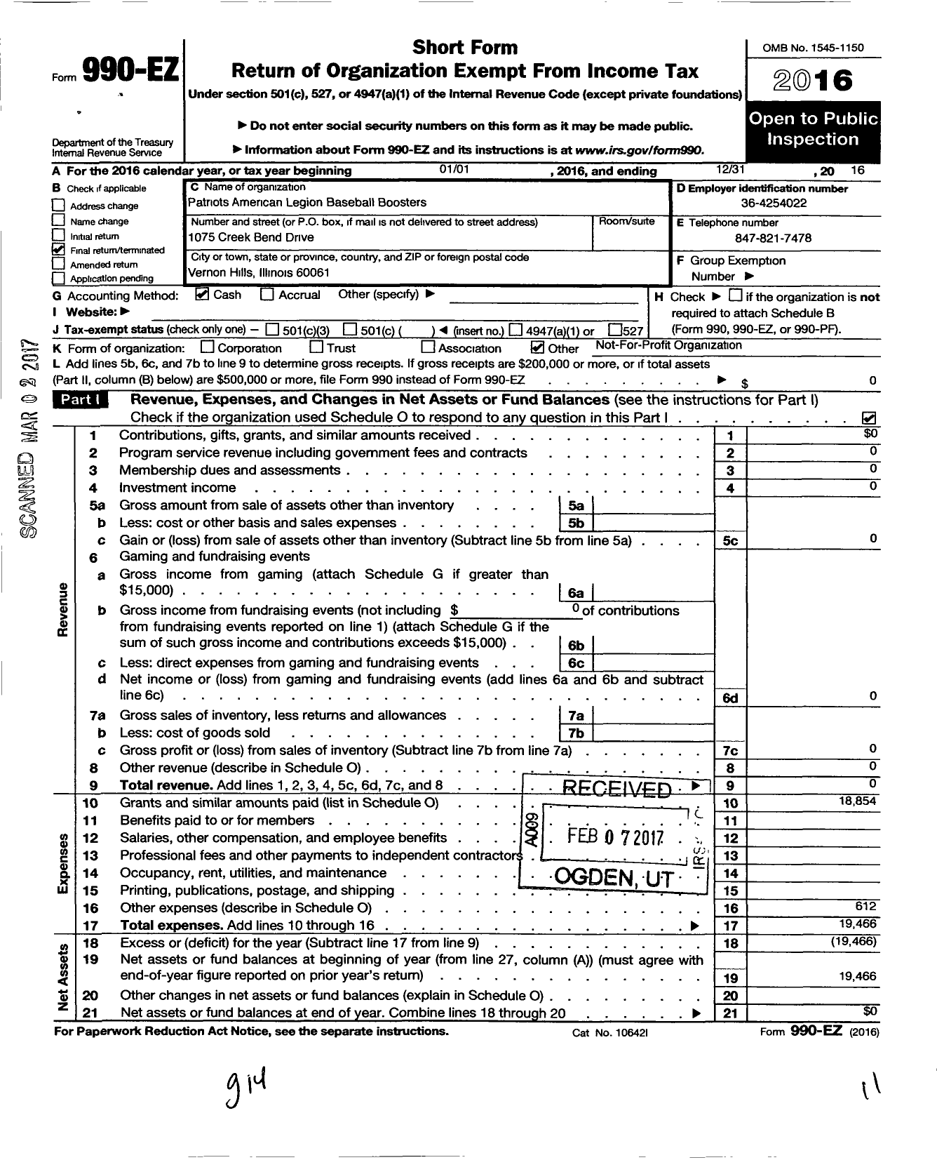 Image of first page of 2016 Form 990EO for Patriots American Legion Baseball Boosters