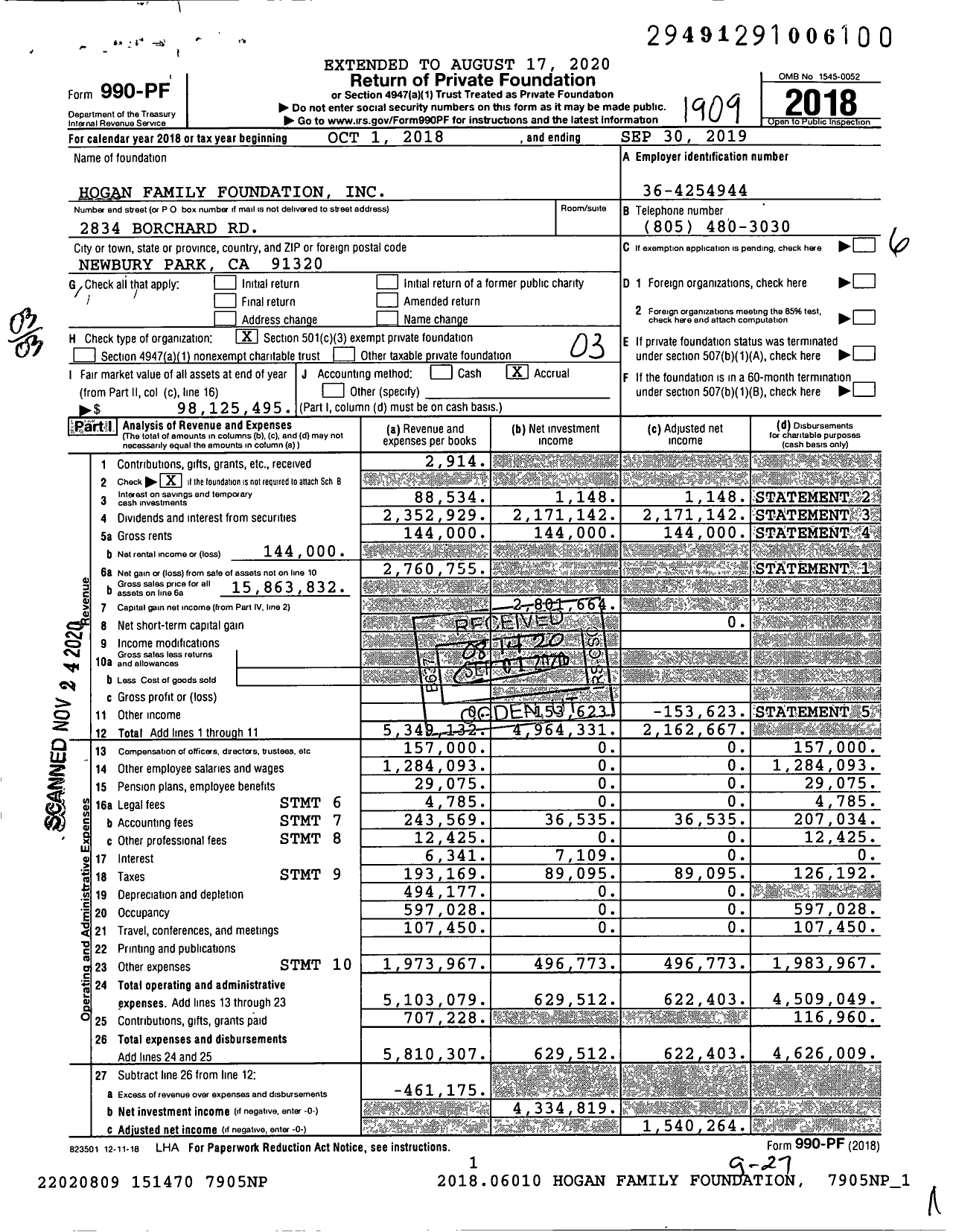 Image of first page of 2018 Form 990PF for Hogan Family Foundation