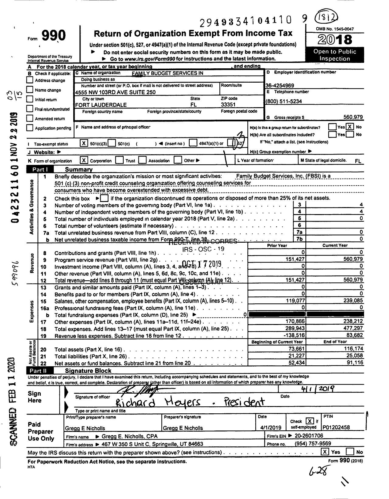 Image of first page of 2018 Form 990 for Family Budget Services
