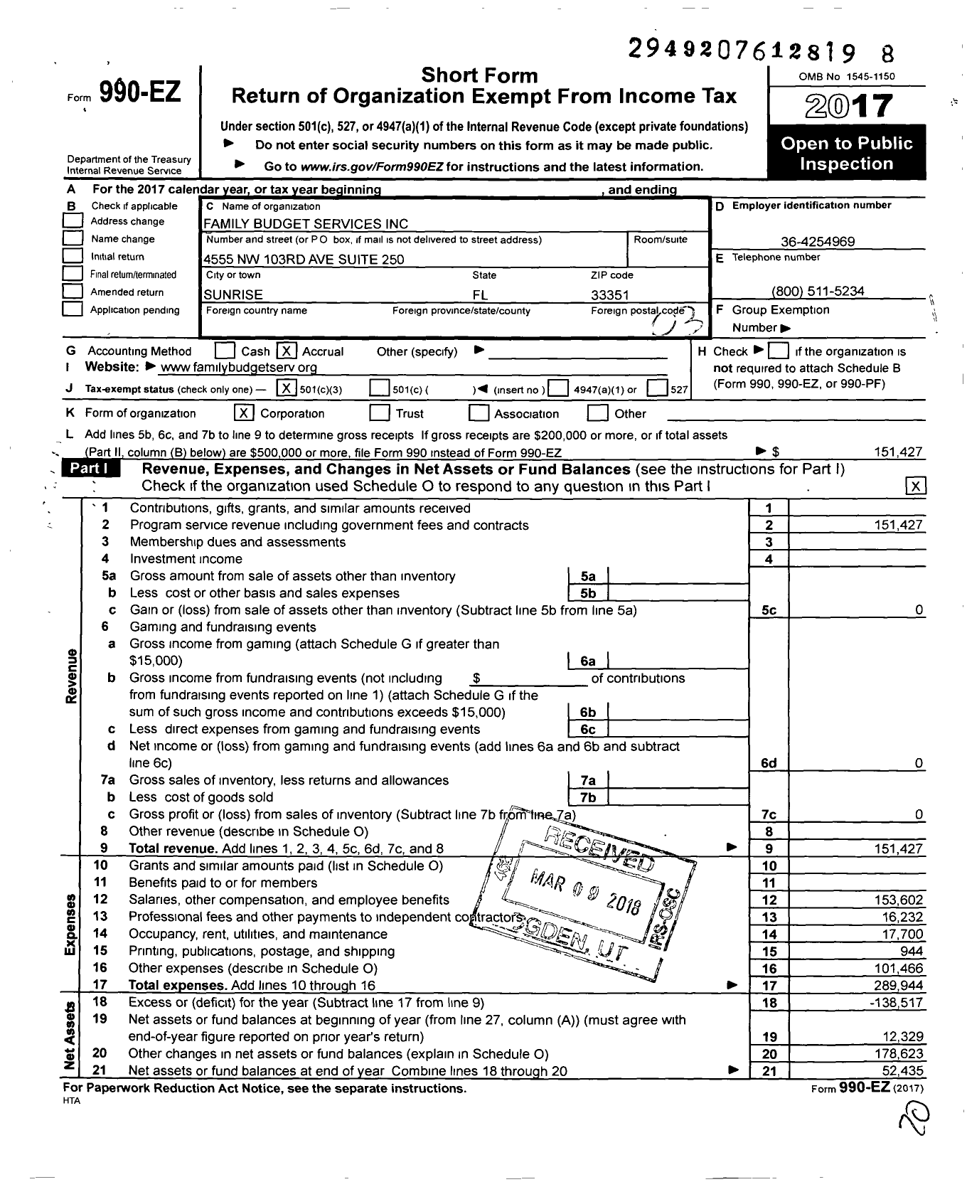 Image of first page of 2017 Form 990EZ for Family Budget Services