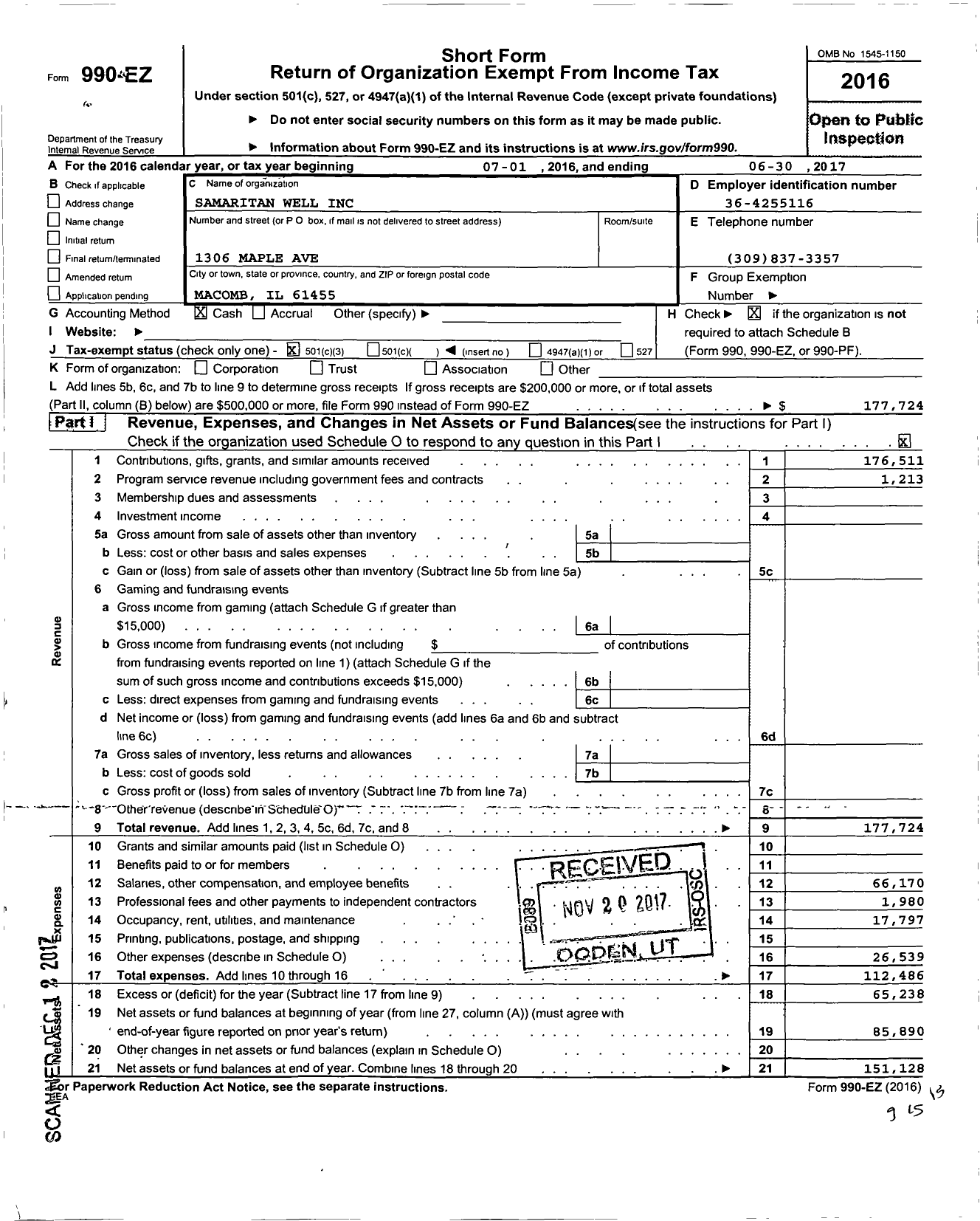 Image of first page of 2016 Form 990EZ for Samaritan Well