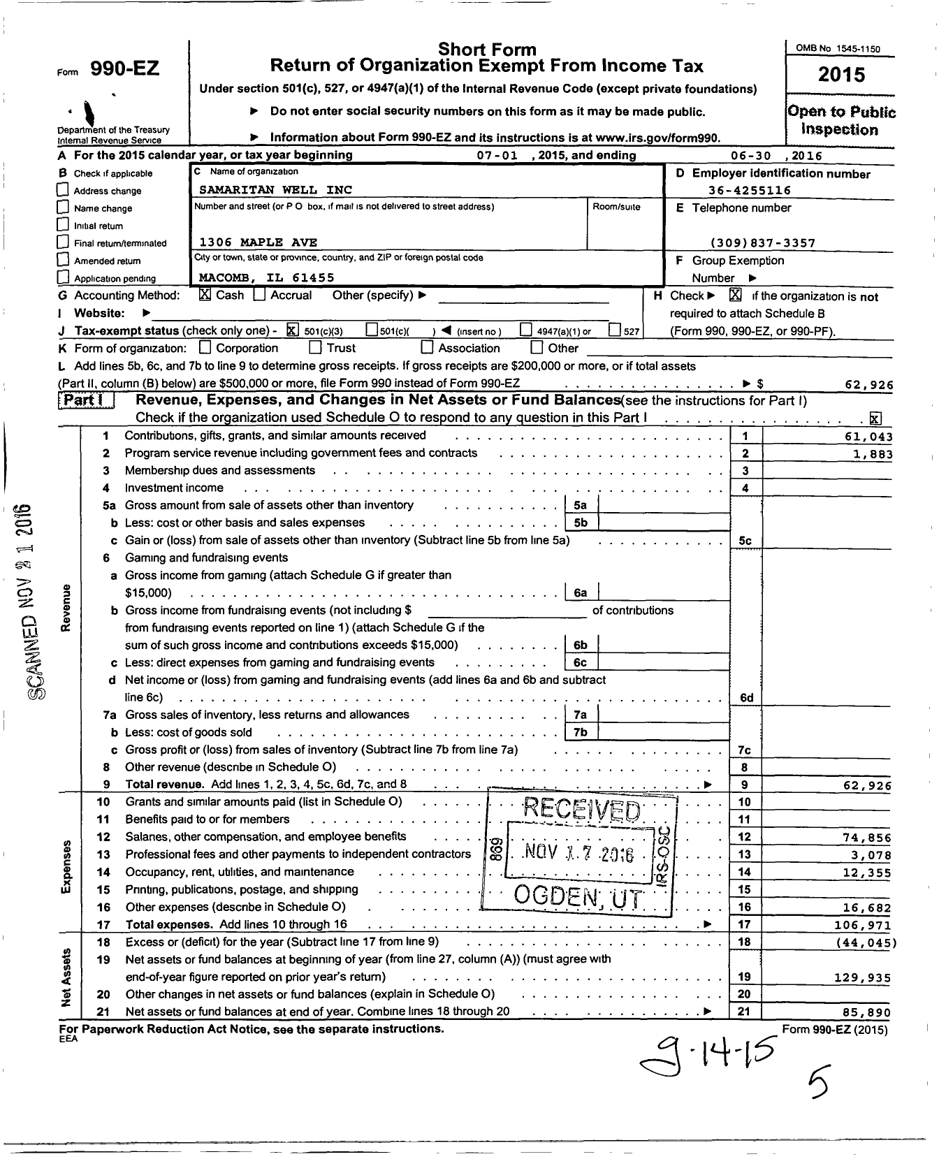 Image of first page of 2015 Form 990EZ for Samaritan Well