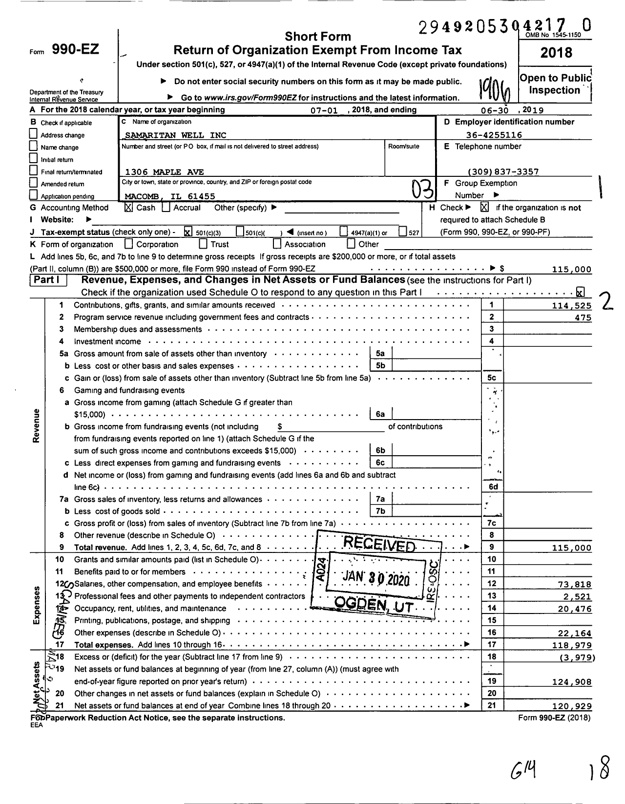 Image of first page of 2018 Form 990EZ for Samaritan Well